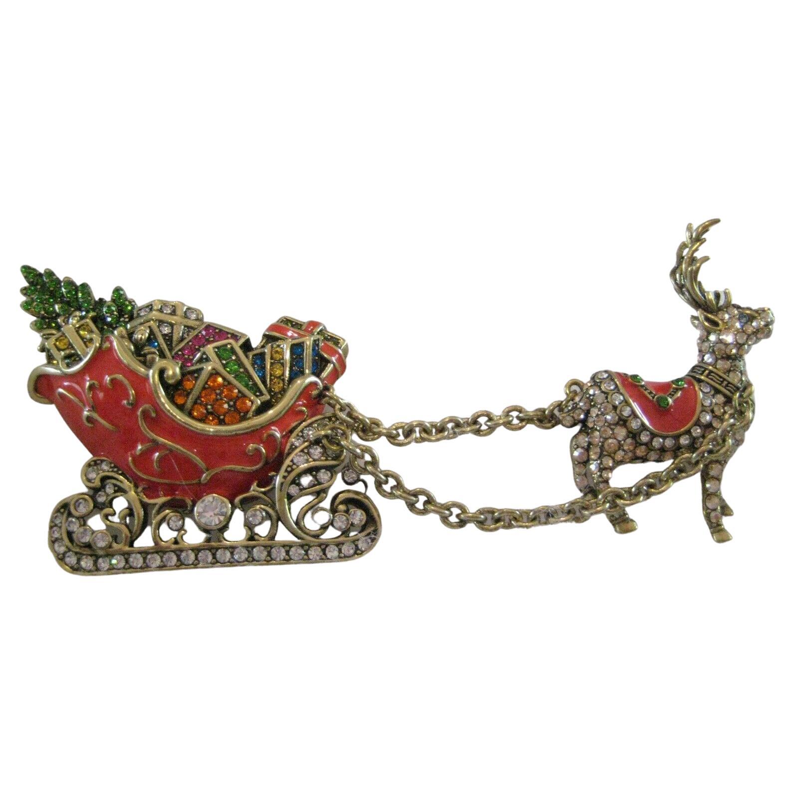 Heidi Daus Guide My Sleigh Crystal Accented Reindeer Pulling Sleigh Pin Brooch For Sale