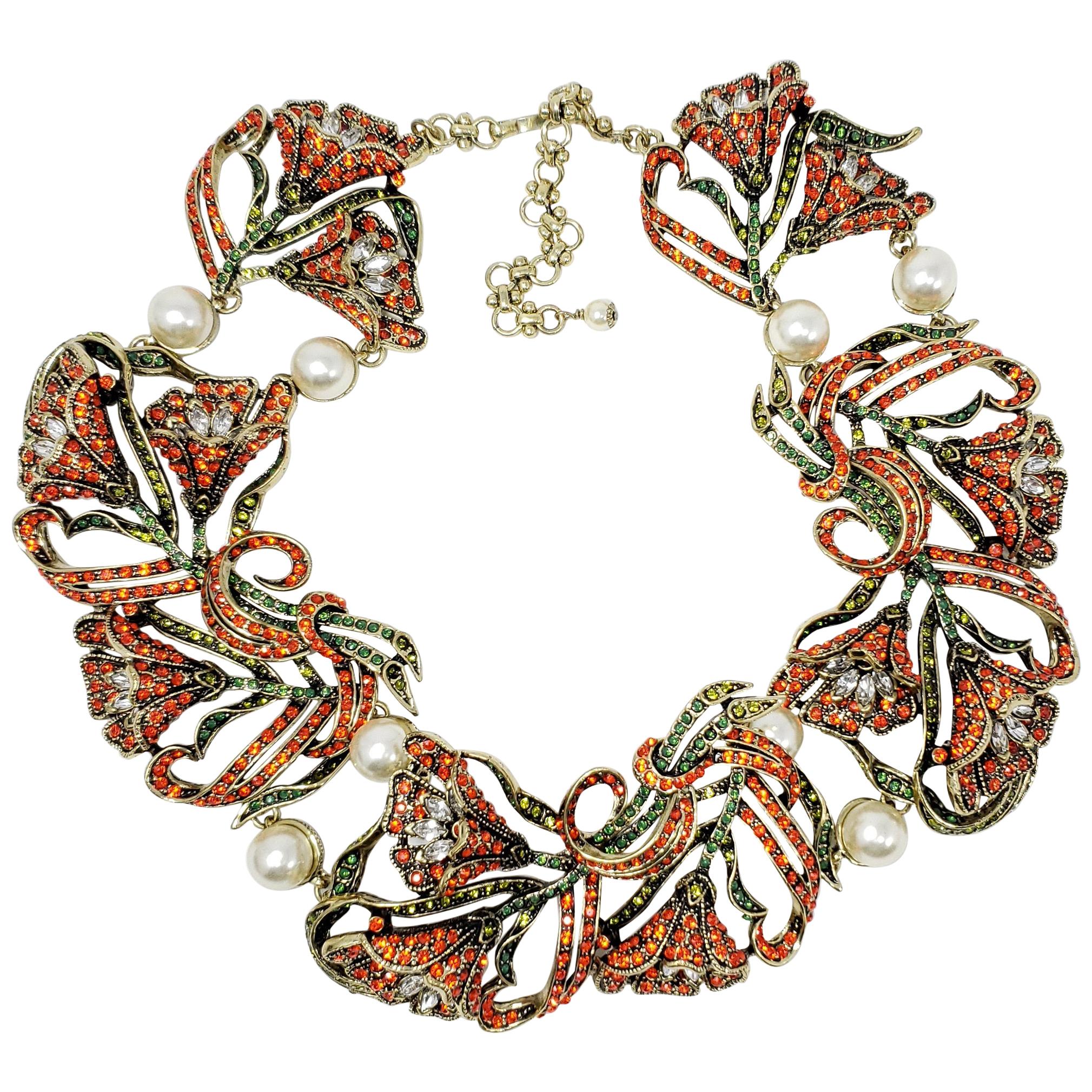 Heidi Daus Heavenly Bloom Faux Pearls Multi-Color Crystal Link Collar Necklace