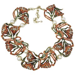 Retro Heidi Daus Heavenly Bloom Faux Pearls Multi-Color Crystal Link Collar Necklace