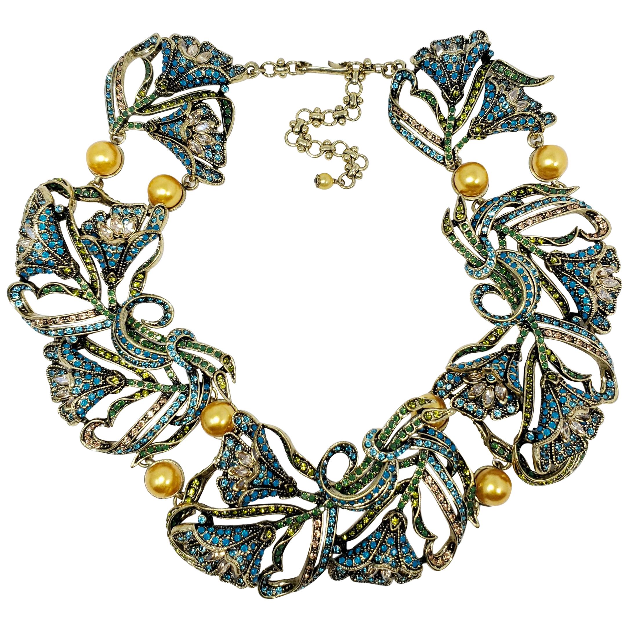 Heidi Daus Heavenly Bloom Faux Pearls Multi-Color Crystal Link Collar Necklace