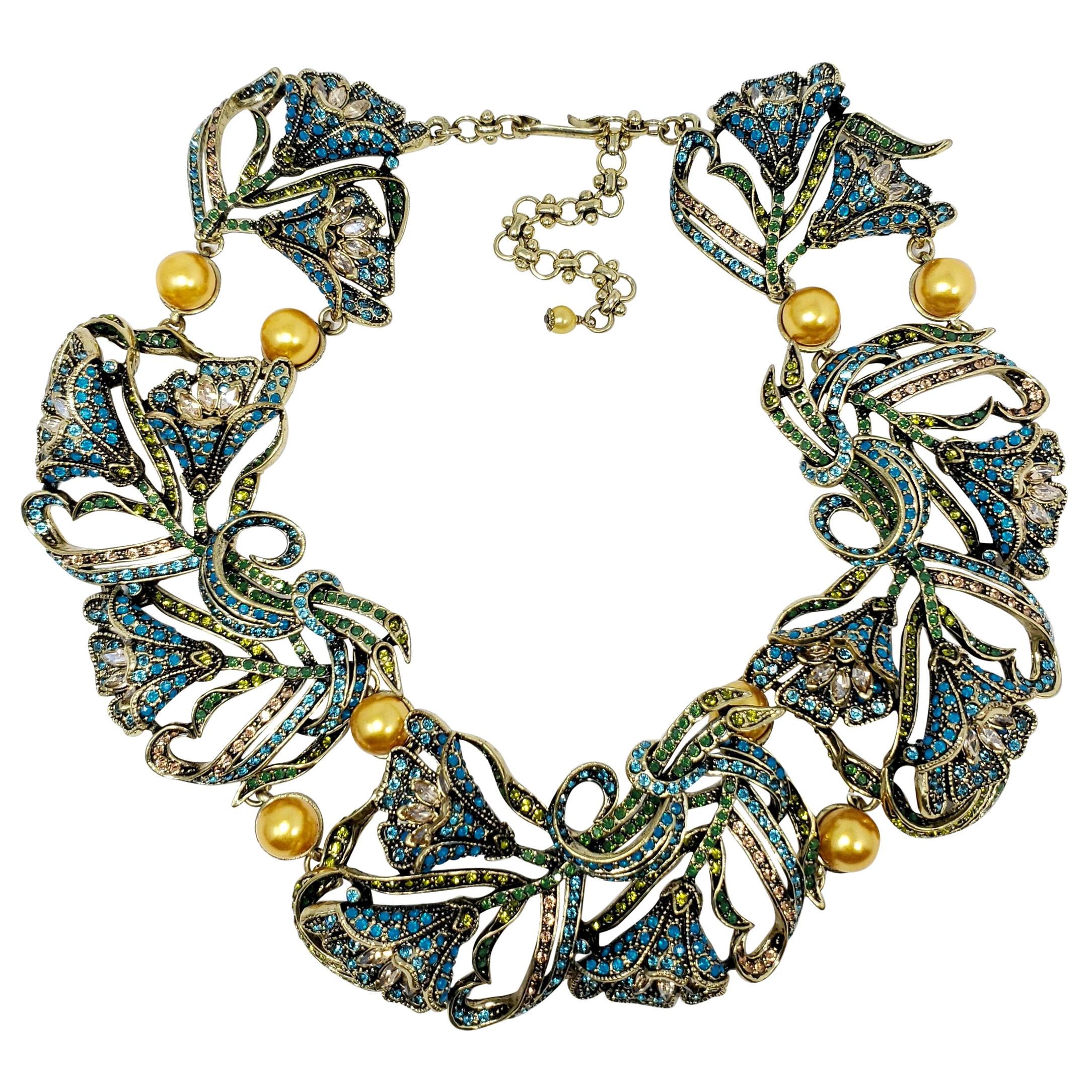 Heidi Daus Heavenly Bloom Faux Pearls Multi-Color Crystal Link Collar Necklace