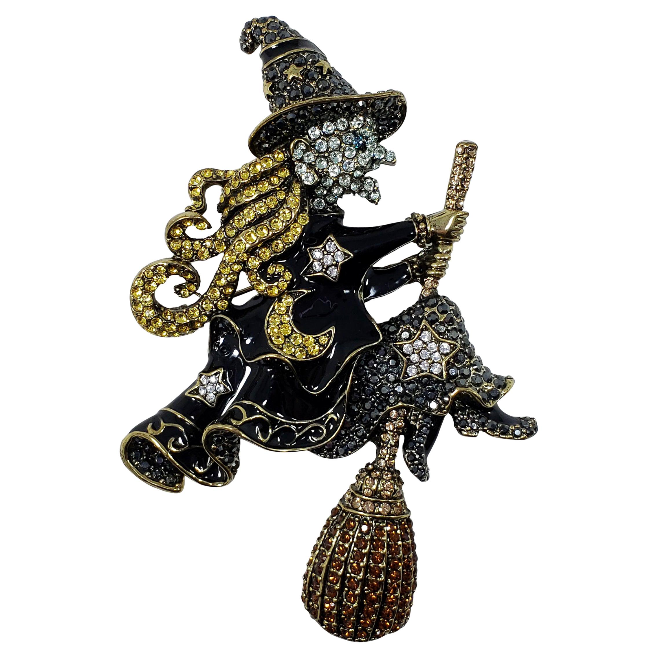 Heidi Daus "Heidi on the Stick" Pave Crystal and Enamel Witch Pin, Brooch