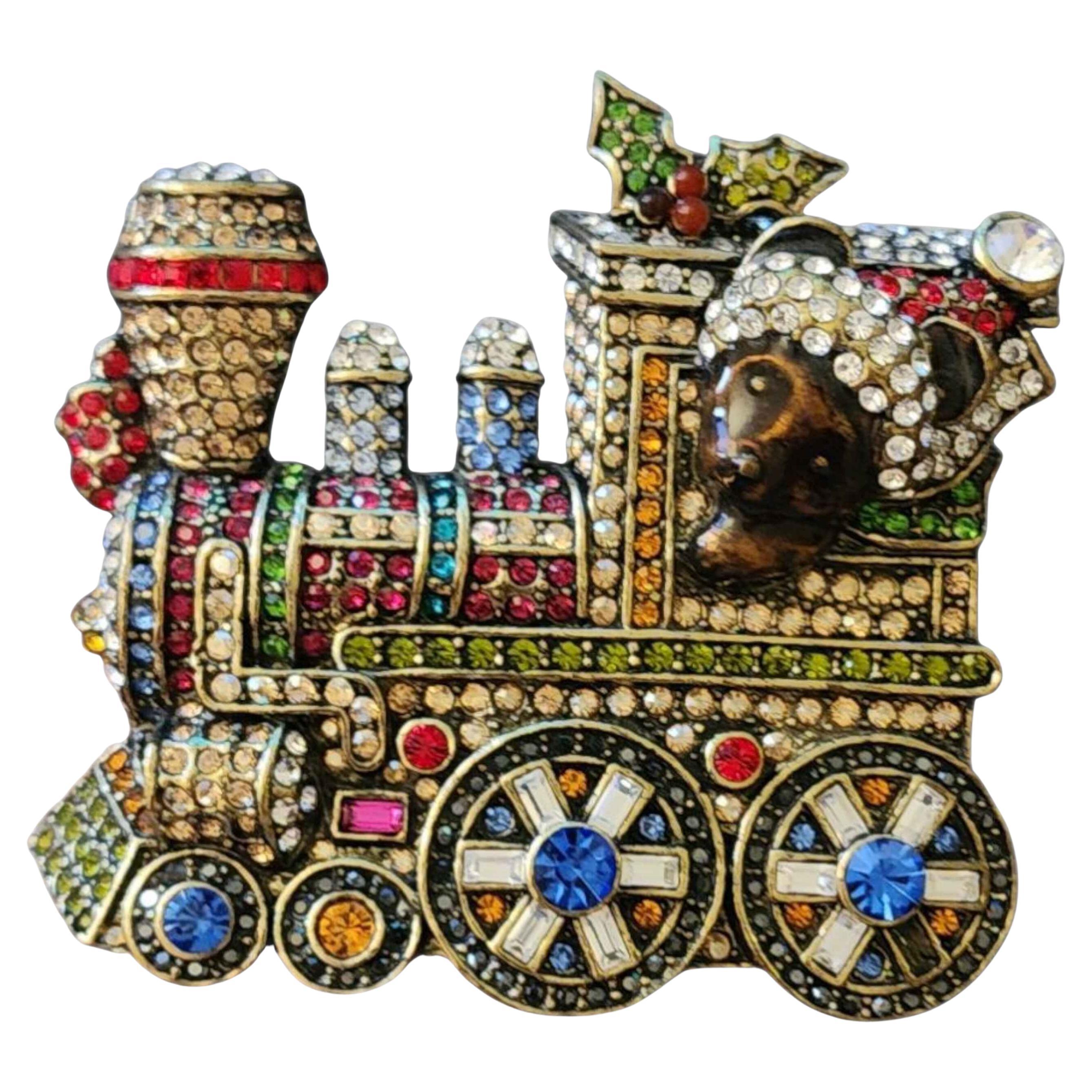 Heidi Daus “Holiday Express” Pave Train Brooch Multicolor Crystals