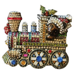 Heidi Daus “Holiday Express” Pave Train Brooch Multicolor Crystals