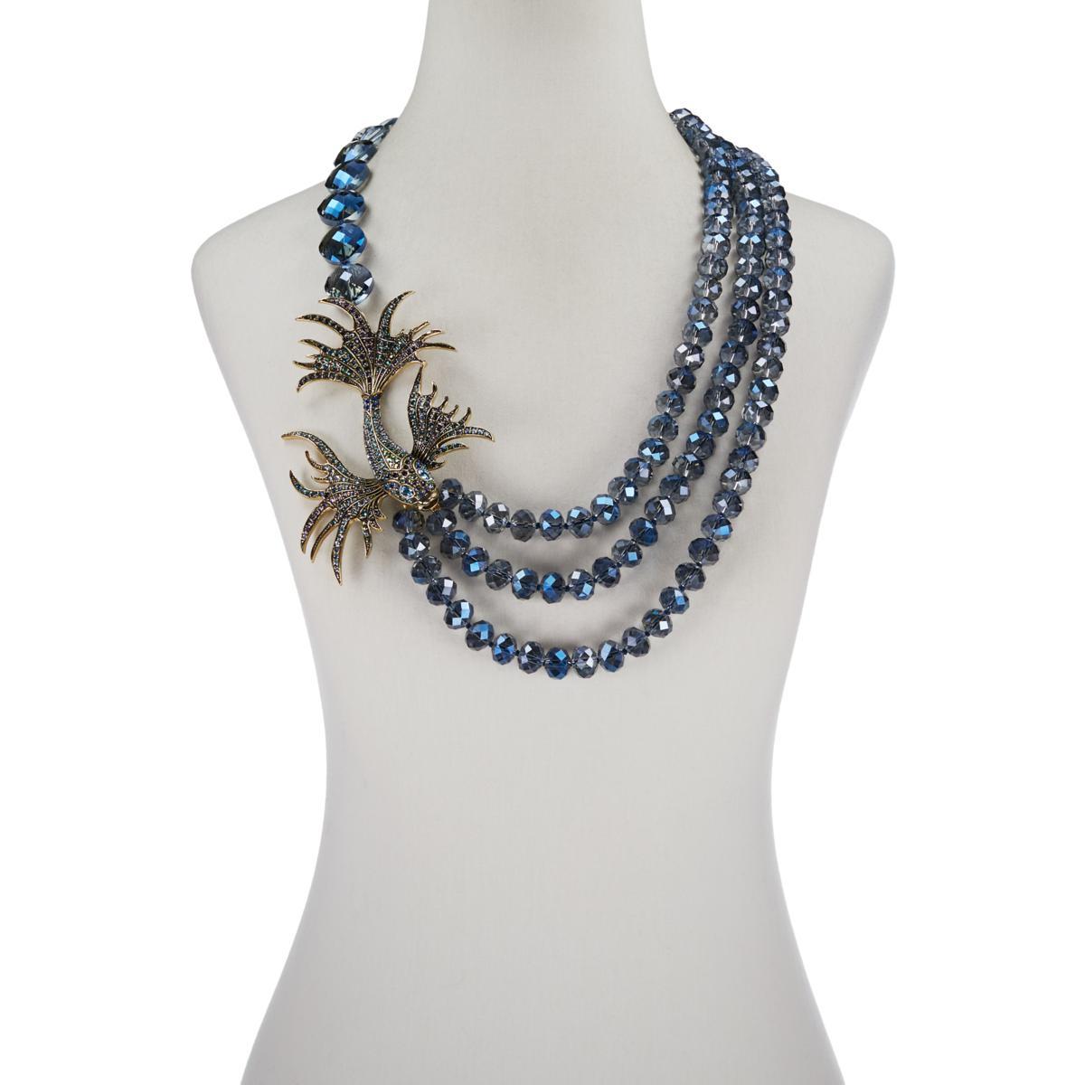 You're a reel catch! This sparkling crystal-encrusted fish design makes a stylish splash. Swimming along your décolletage, its a fun and festive way to accessorize this season.

Design Information
Asymmetrical necklace design
3 strands of