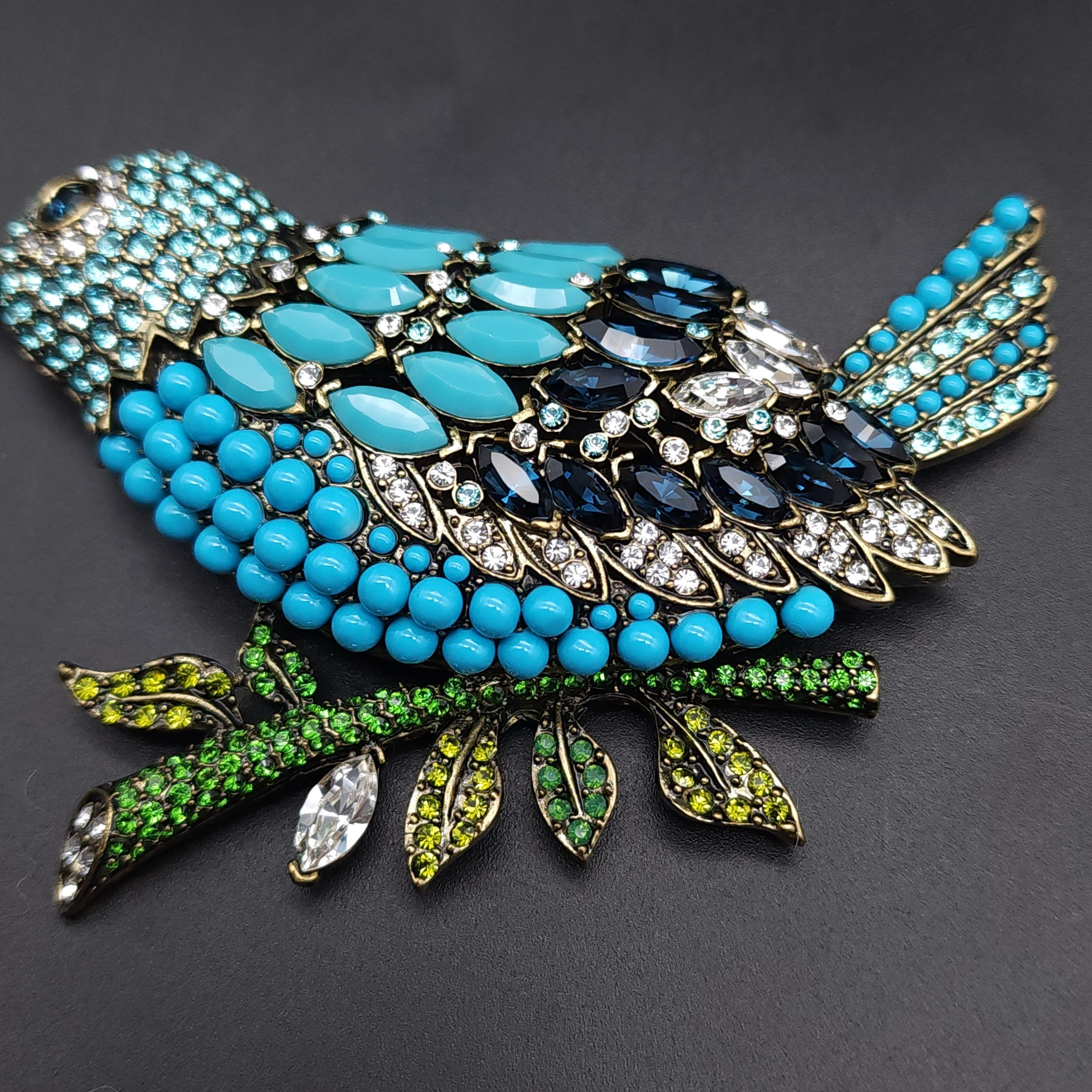 Round Cut Heidi Daus Marquise Madness Jeweled Perched Bird Pin Brooch, Turquoise For Sale