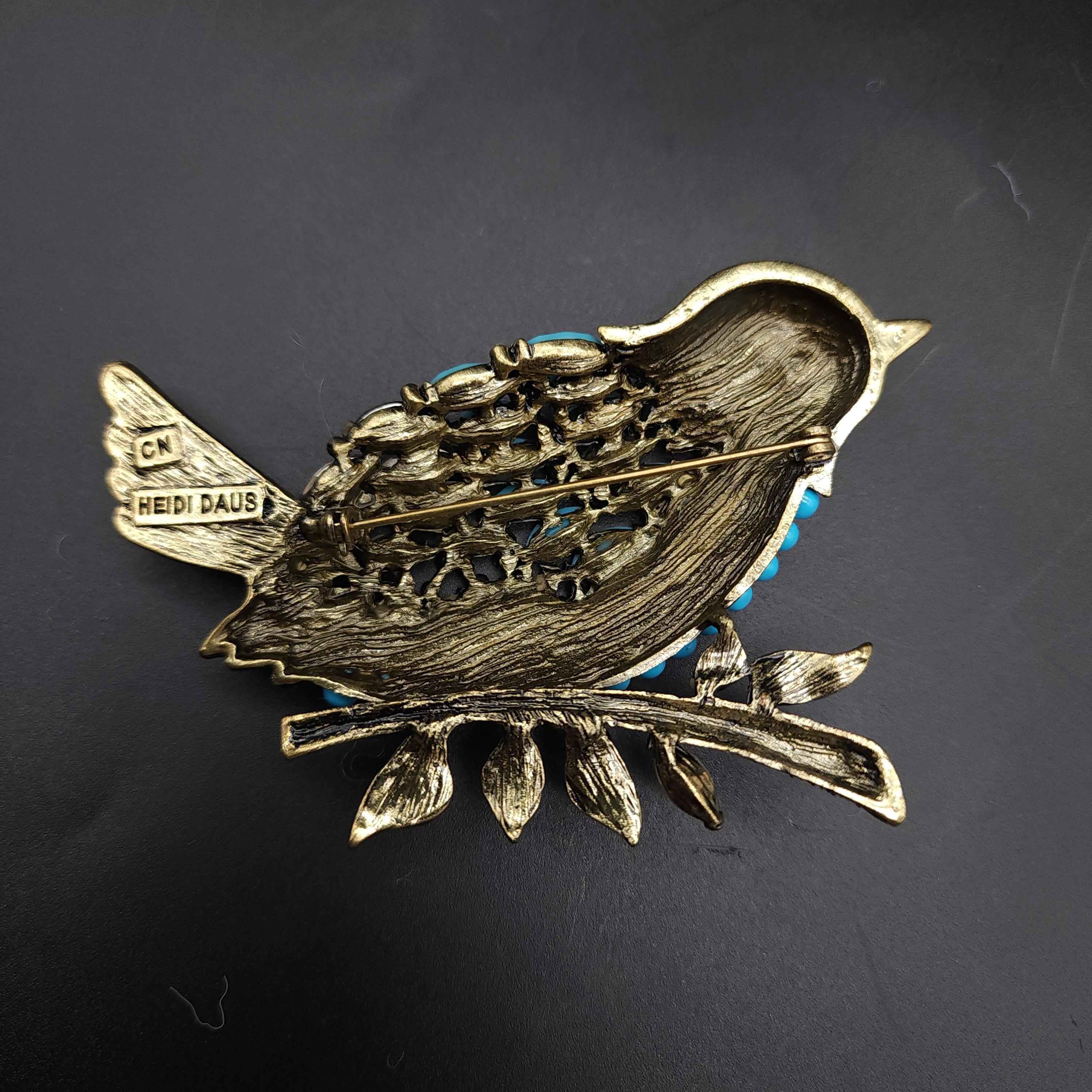 Heidi Daus Marquise Madness Jeweled Perched Bird Pin Brooch, Turquoise For Sale 1
