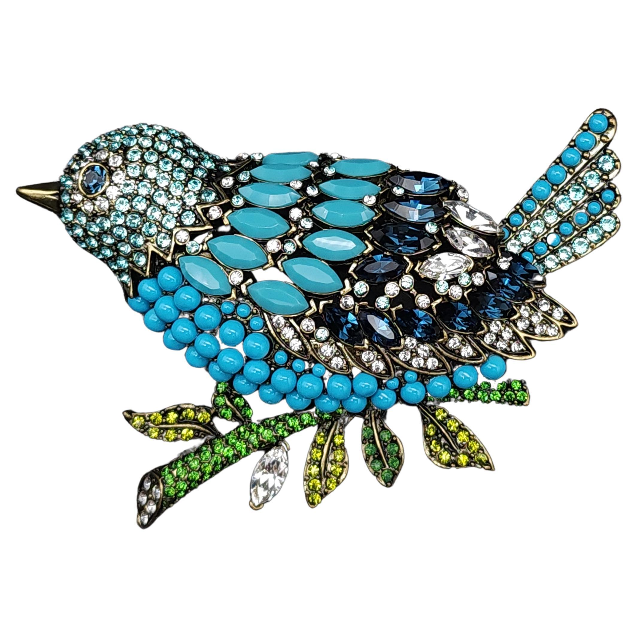 Heidi Daus Marquise Madness Jeweled Perched Bird Pin Brooch, Turquoise For Sale