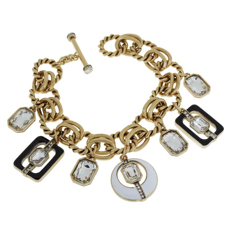 Heidi Daus Mod Squad Enamel and Crystal Charm Toggle Clasp Link Bracelet For Sale