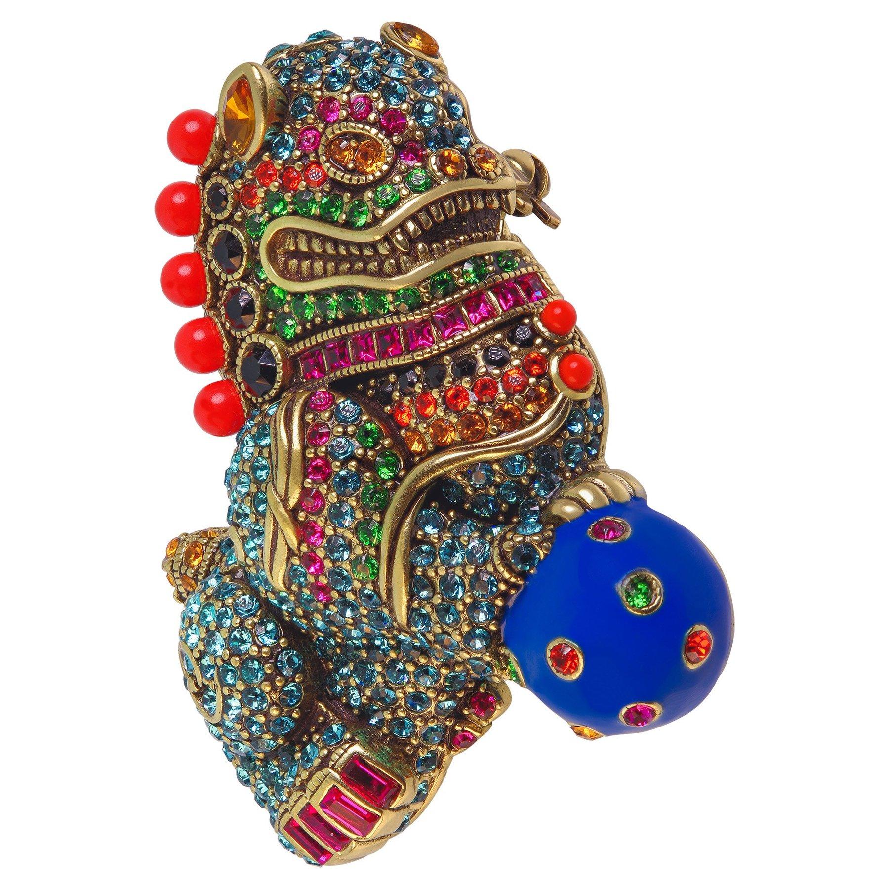 Heidi Daus New Fu Dog Enamel Beaded Crystal Feng Shui Protection Pin Brooch In New Condition For Sale In Houston, TX