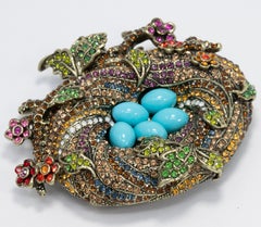Heidi Daus "On a Lark" Bird's Nest Crystal Pin, Brass Tone, Turquoise Cabochons