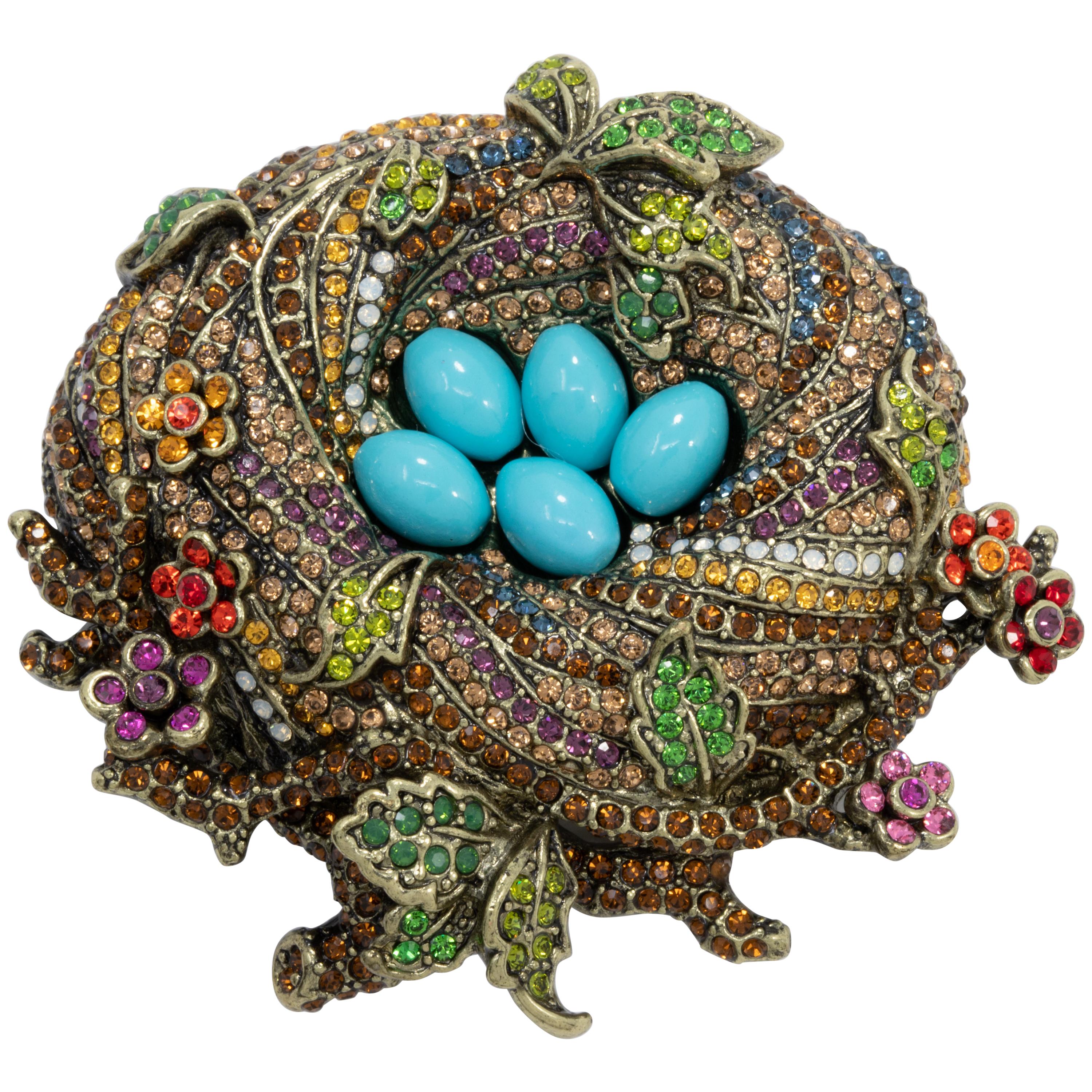 Heidi Daus "On a Lark" Bird's Nest Crystal Pin, Brass Tone, Turquoise Cabochons For Sale