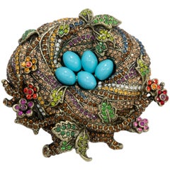 Used Heidi Daus "On a Lark" Bird's Nest Crystal Pin, Brass Tone, Turquoise Cabochons