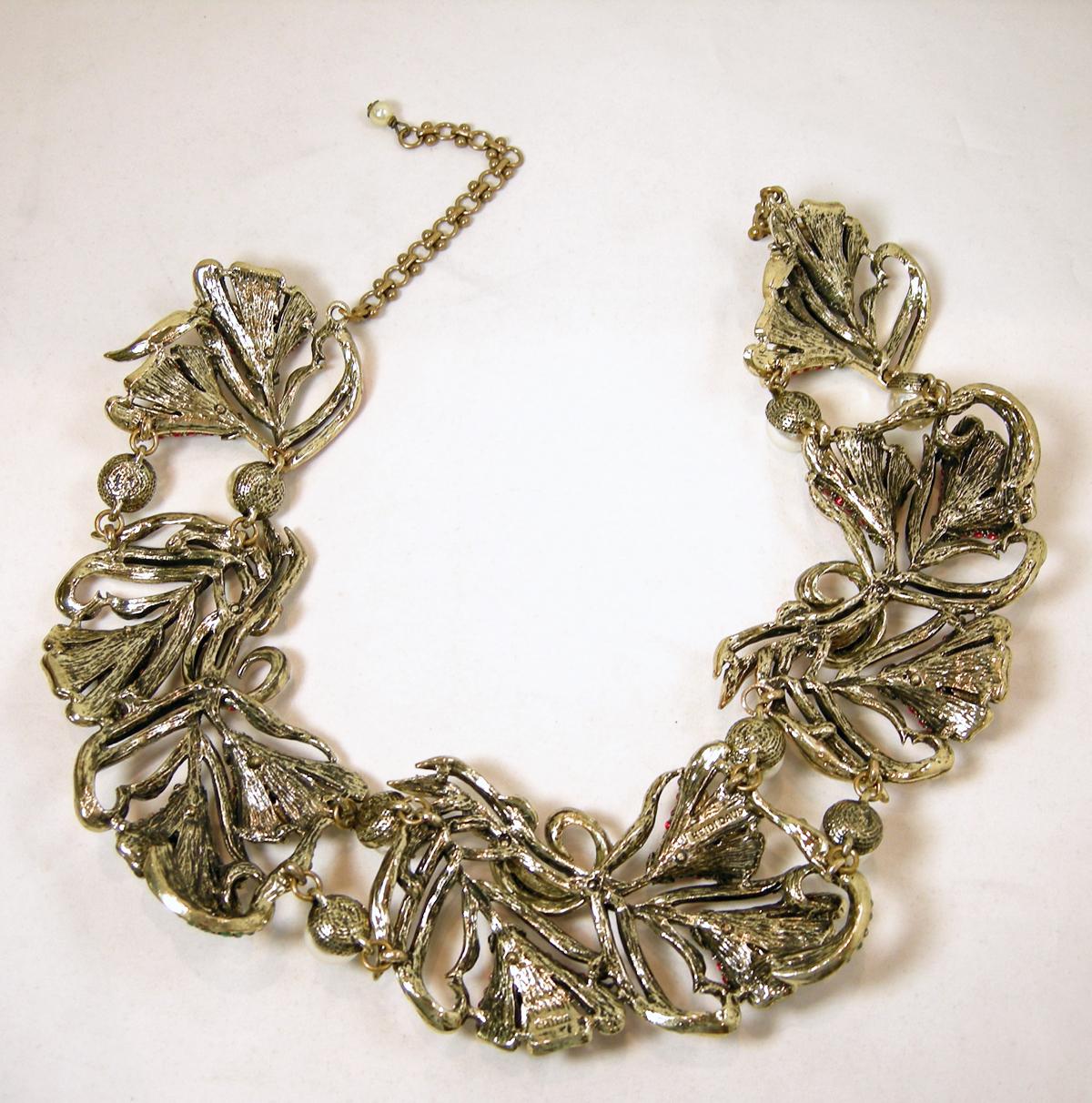 Heidi Daus Red, Green, Clear Crystals & Faux Pearls Floral Bib Necklace  In Excellent Condition In New York, NY