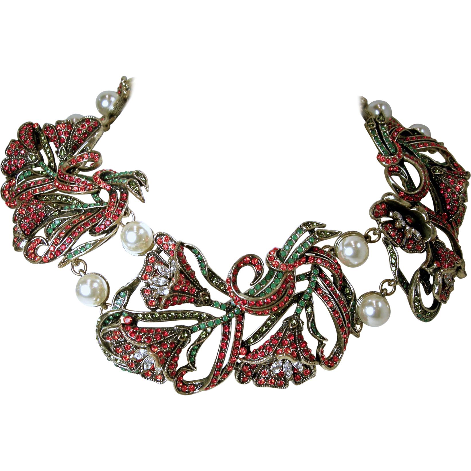 Heidi Daus Red, Green, Clear Crystals & Faux Pearls Floral Bib Necklace 