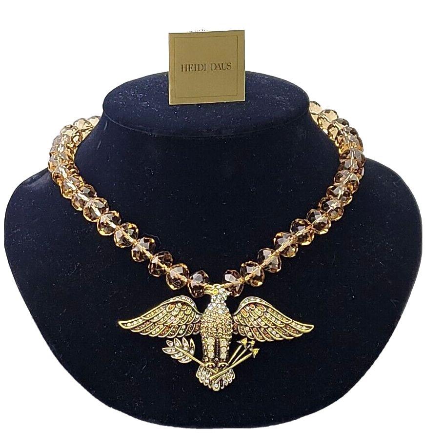 Round Cut Heidi Daus Signed Crystal Proud American Eagle and Beads Designer Necklace For Sale