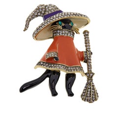 Heidi Daus Signed Glamour Puss Cat with Broom & Hat Crystal Encrusted Pin Brooch