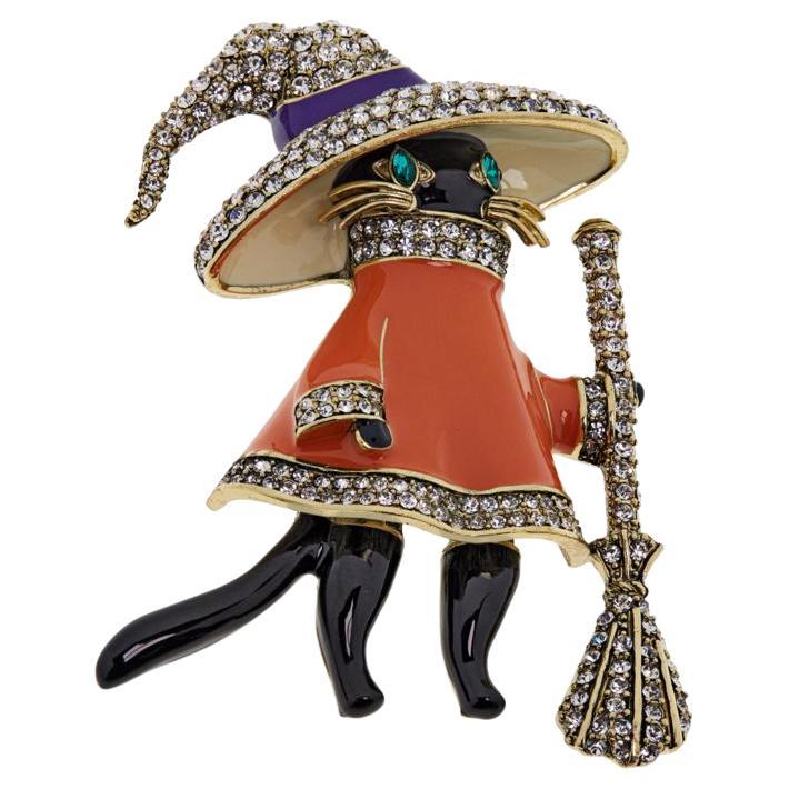 Heidi Daus Signed Glamour Puss Cat with Broom & Hat Crystal Encrusted Pin Brooch For Sale