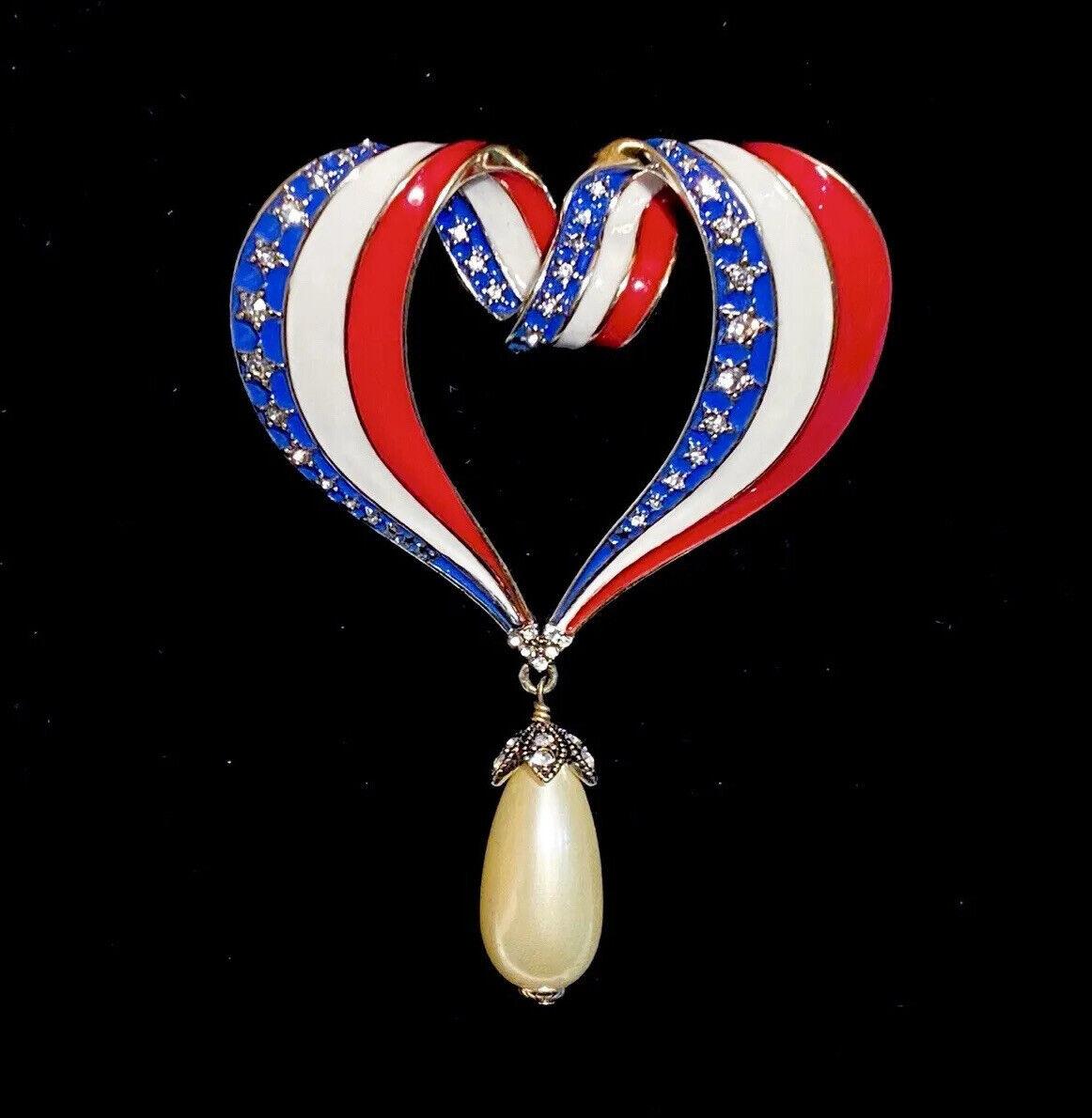 Simply Beautiful! Signed Heidi Daus Designer Red, White and Blue Enamel American Stars & Stripes and Sparkling Crystals with a dangling Faux Pearl accent Gold tone Stunning Statement Brooch. Approx. 3.25