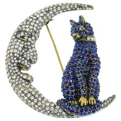 Heidi Daus Signed Swarovski Crystal Kitty Cat in the Moon Brooch Pin Estate 