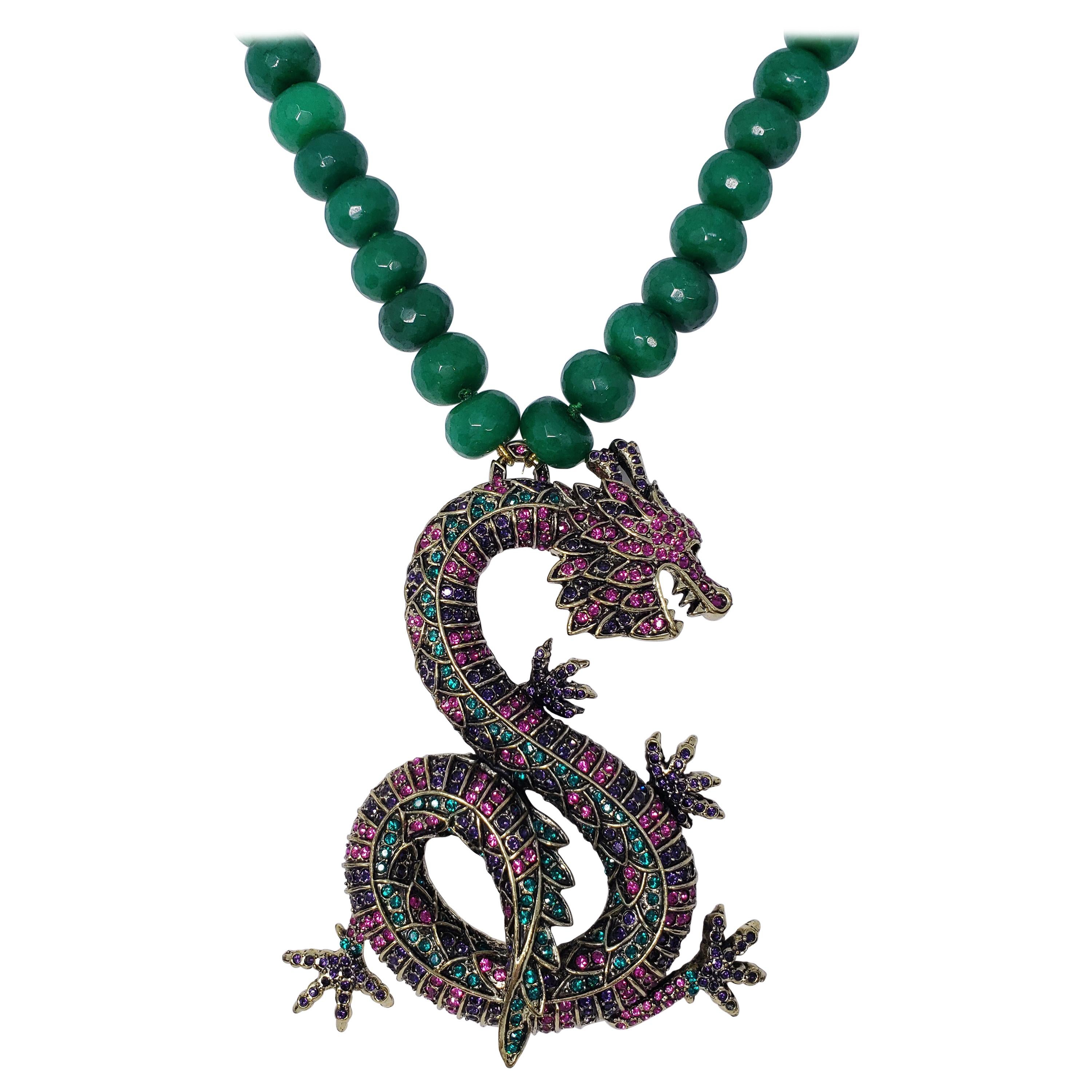 Heidi Daus Sublime Pave Serpent Green Crystal Bead Necklace, Oversized Pendant For Sale