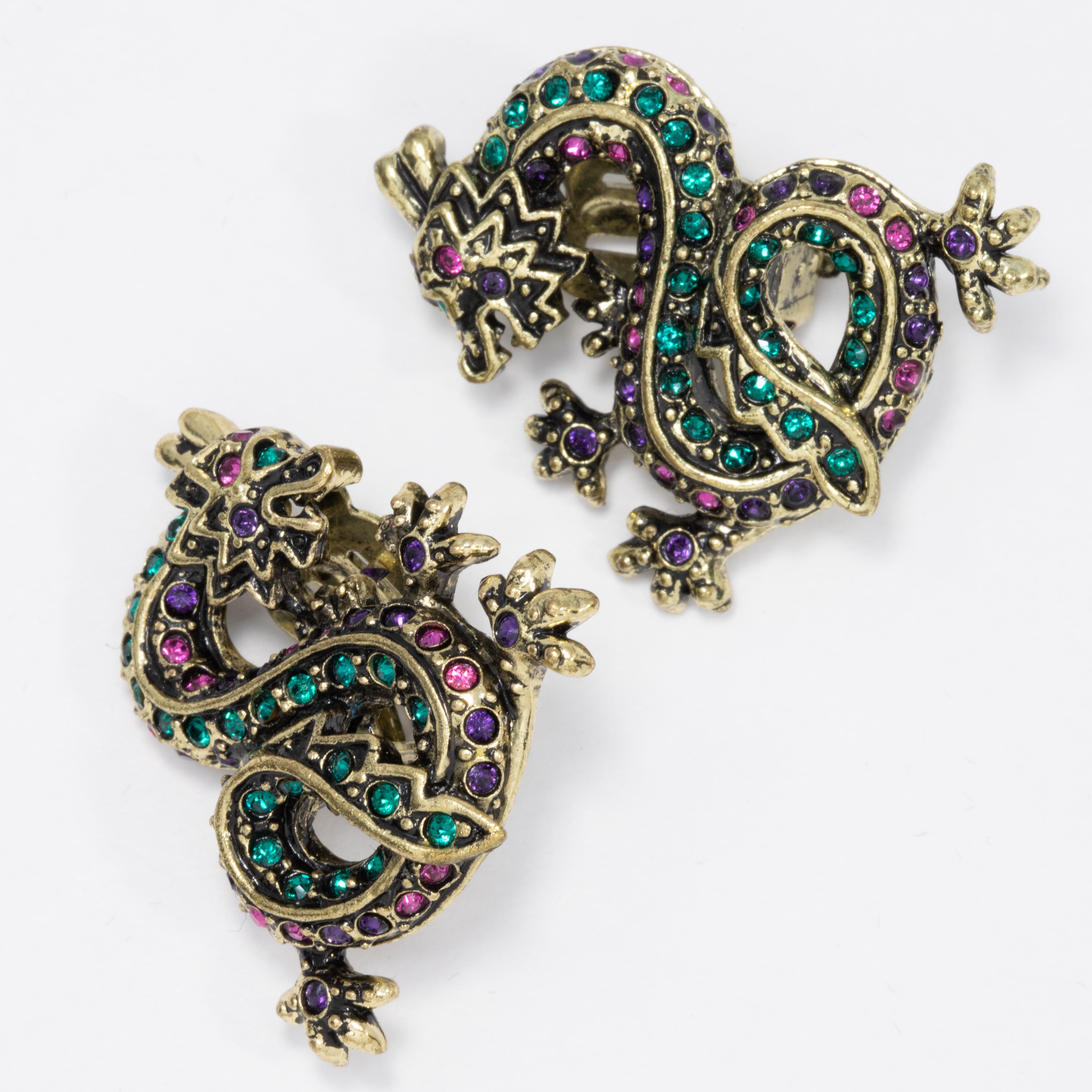 Heidi Daus Sublime Serpent Crystal Dragon Antique Brass Clip On Earrings In New Condition In Milford, DE