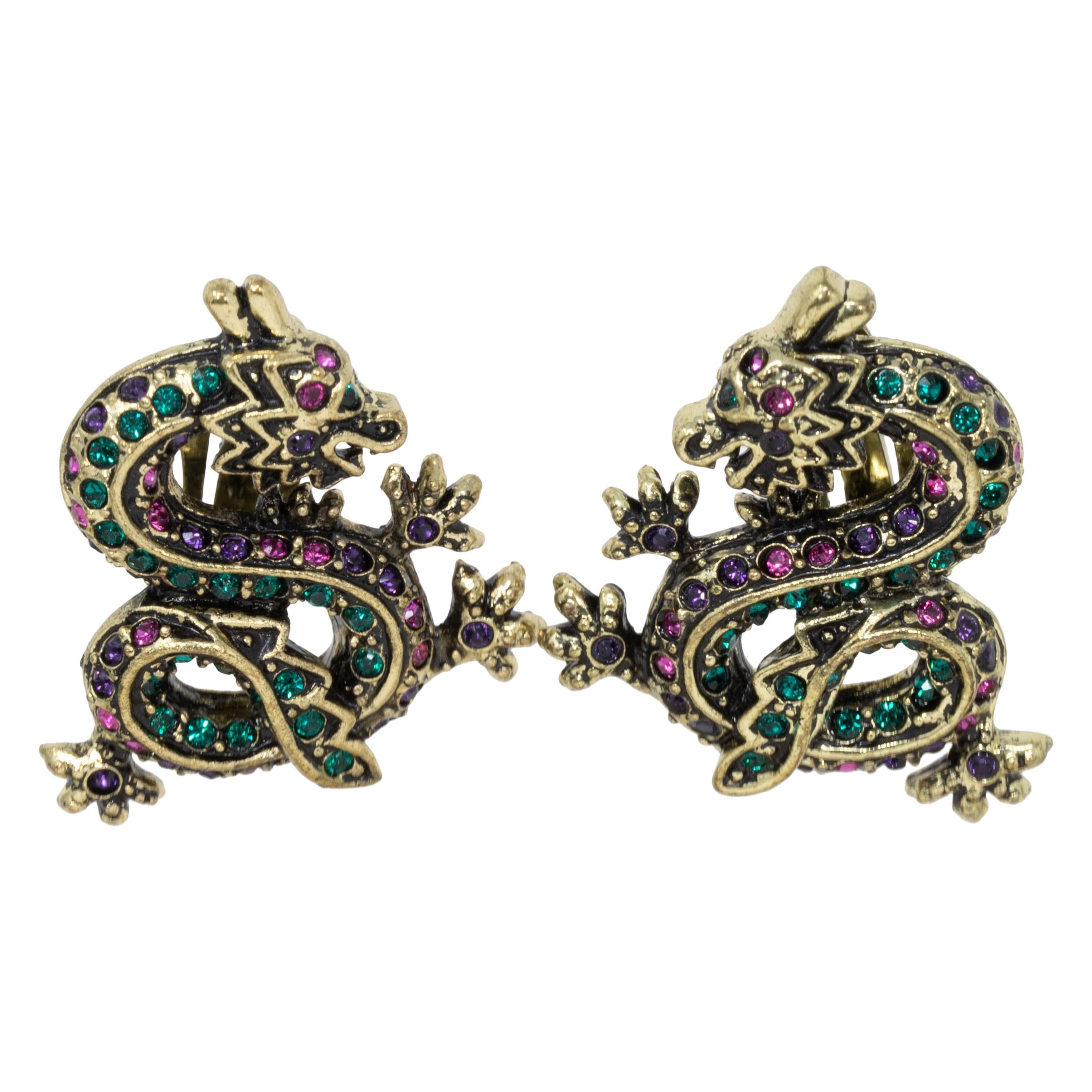 Heidi Daus Sublime Serpent Crystal Dragon Antique Brass Clip On Earrings