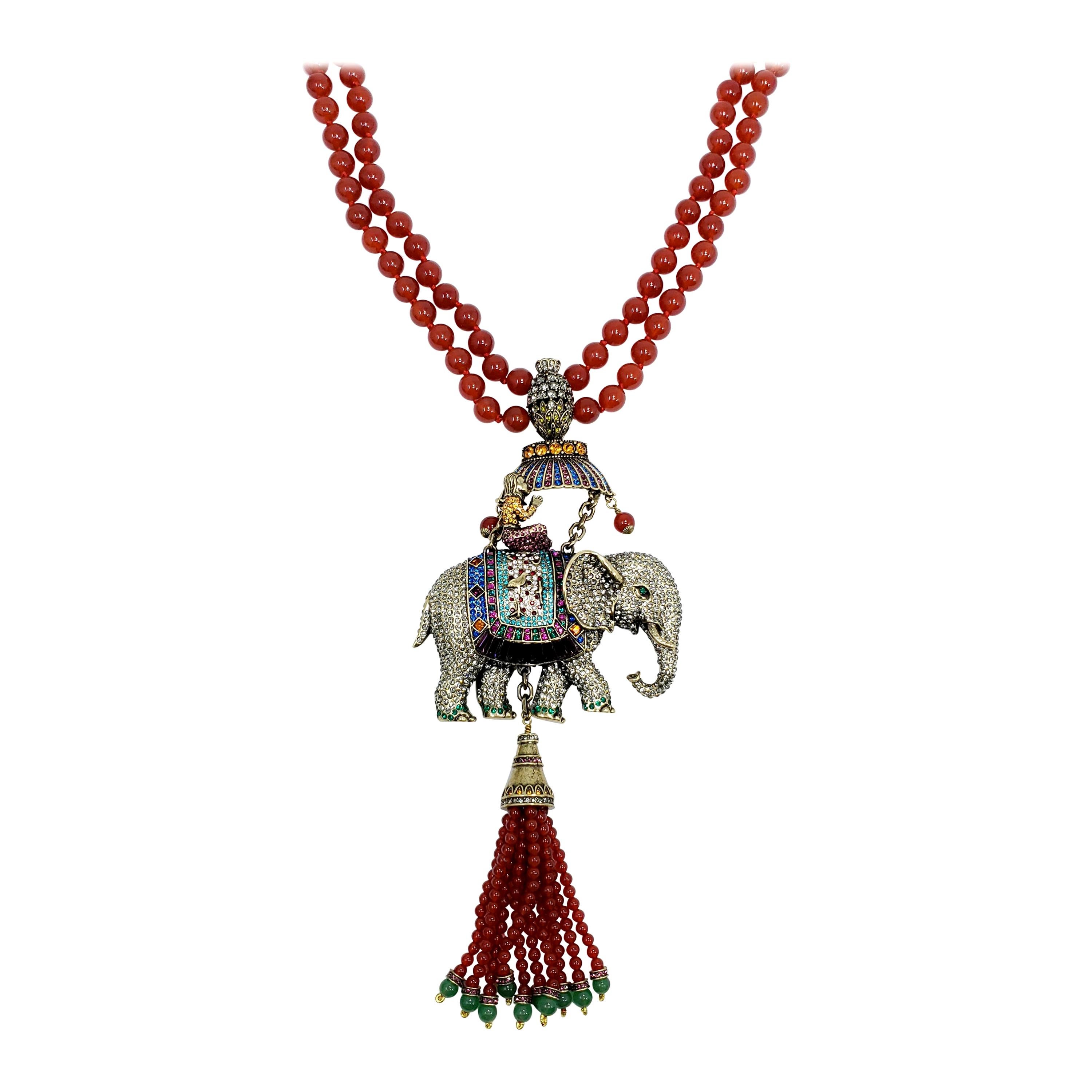 Heidi Daus Sultans of Chic 2-Row Carnelian Bead Elephant Pendant Necklace For Sale