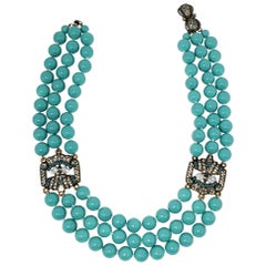 Heidi Daus Triple Strand Turquoise Bead and Crystal-Encrusted Accent Necklace