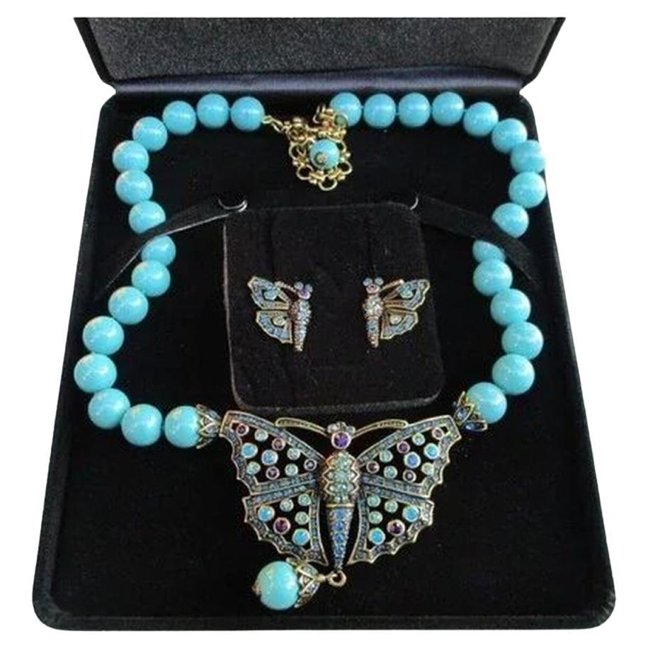 HEIDI DAUS Turquoise Monarch Butterfly Crystal Necklace and Earrings Set For Sale