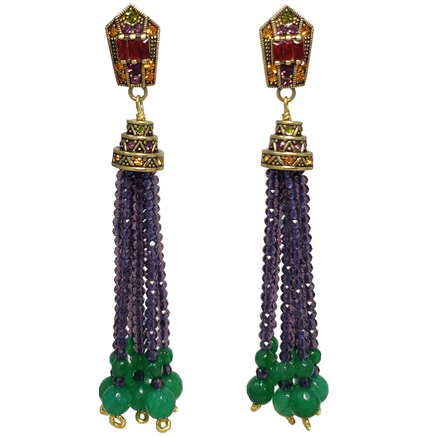 Heidi Daus "Windsor Tassels" Beaded Drop Earrings in Purple, Green, Crystals