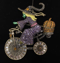 Heidi Daus Witch On the Bicycle Crystal Accented Halloween Pin Brooch