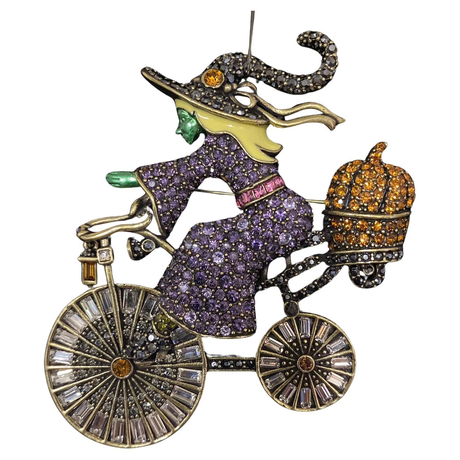 Heidi Daus Witch On the Bicycle Crystal Accented Halloween Pin Brooch For Sale