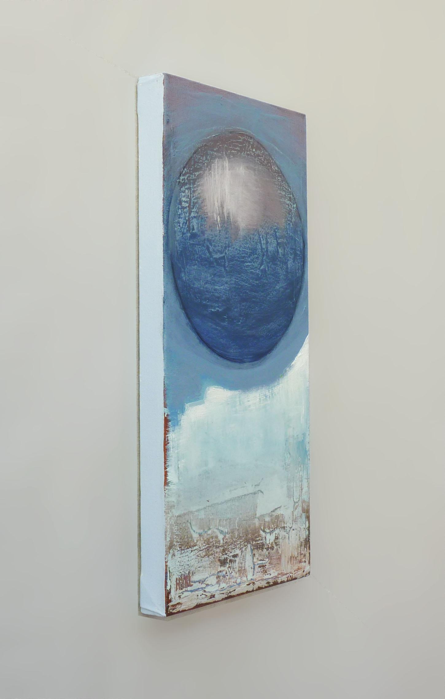 <p>Artist Comments<br>Artist Heidi Hybl presents a modern abstract with a hovering celestial sphere. She experiments with a scraped-off image and ends up with a shape that appears intriguing and worth keeping. 