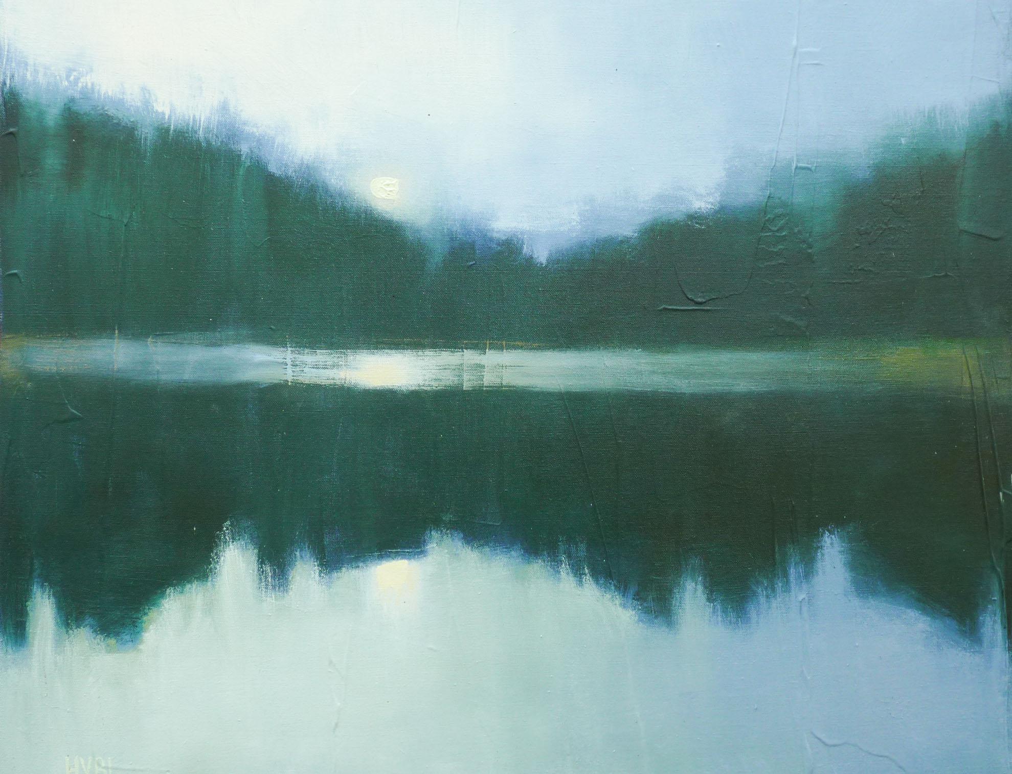 Alberi lontani, pittura a olio astratta - Abstract Painting Blu di Heidi Hybl