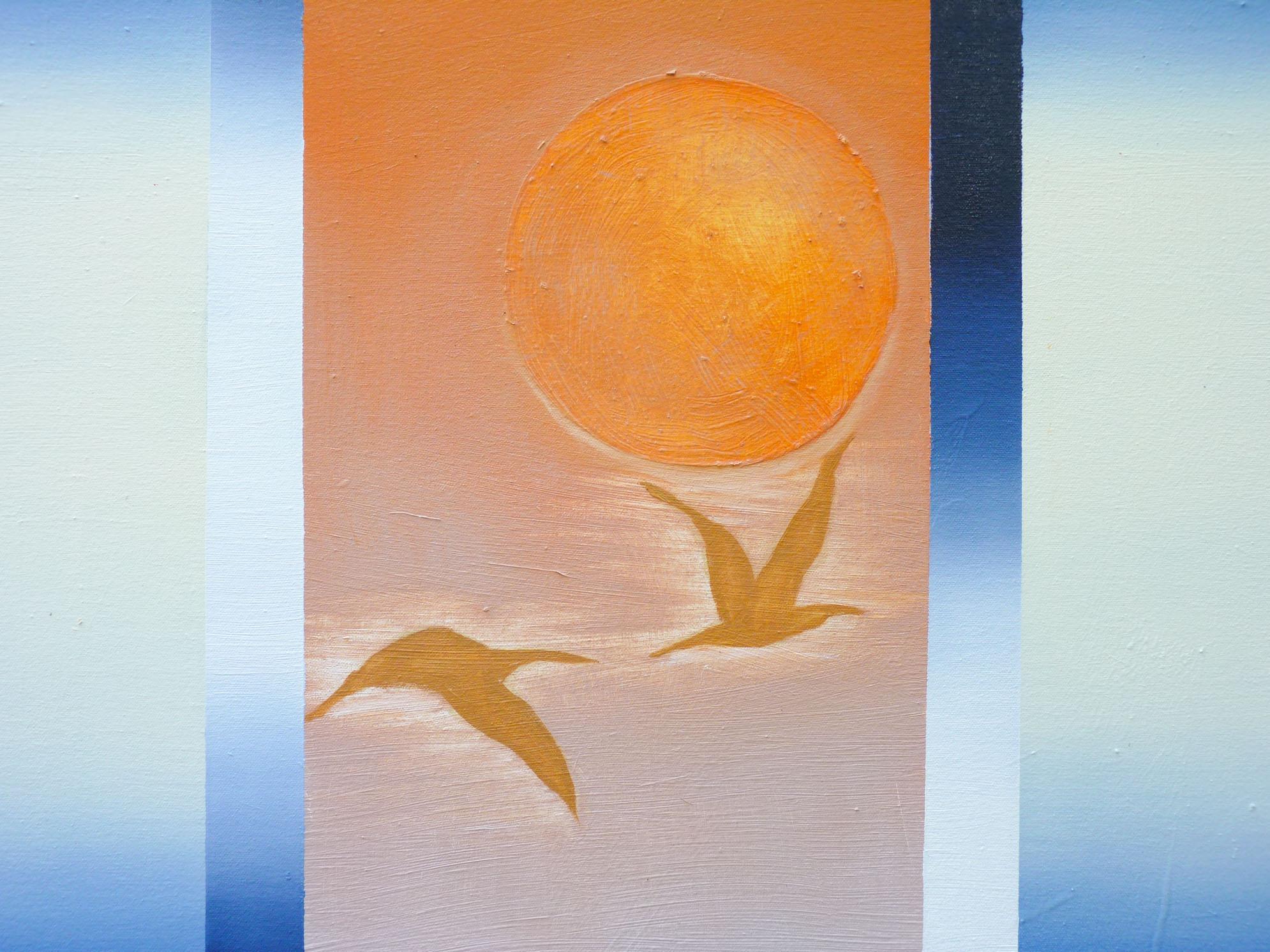 <p>Commentaires de l'artiste<br>L'image de deux oiseaux volant sur fond de soleil se développe dans l'œuvre moderniste de l'artiste Heidi Hybl. Elle partage une interprétation engageante des influences japonaises, dont elle s'inspire. 