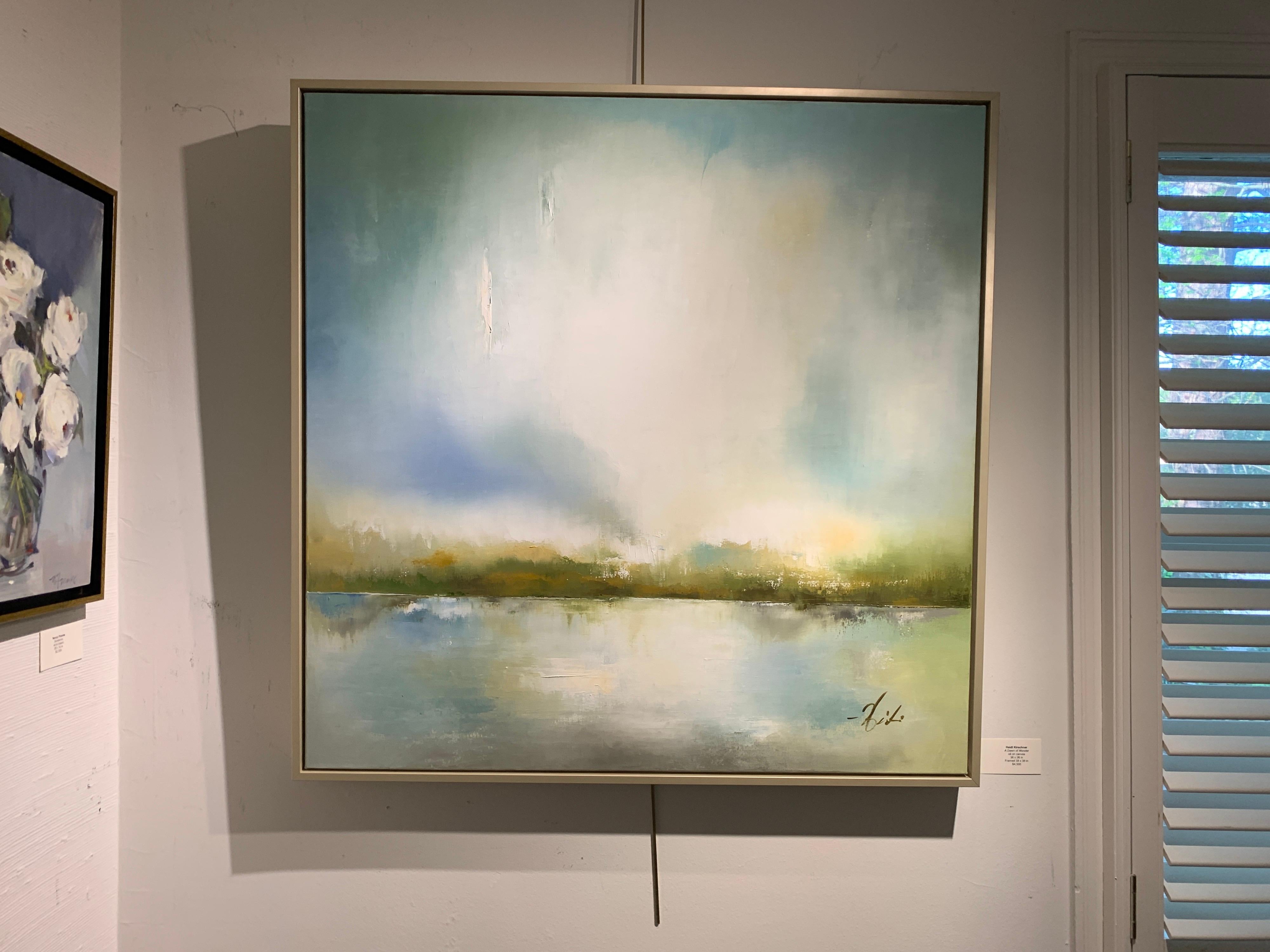 This large size oil on canvas painting by American abstract artist Heidi Kirschner is entitled 'A Dawn of Wonder' and was created in 2021 Heidi is a master at soft, serene abstracts. This piece is comprised of blue, white, gold and olive colors.  It