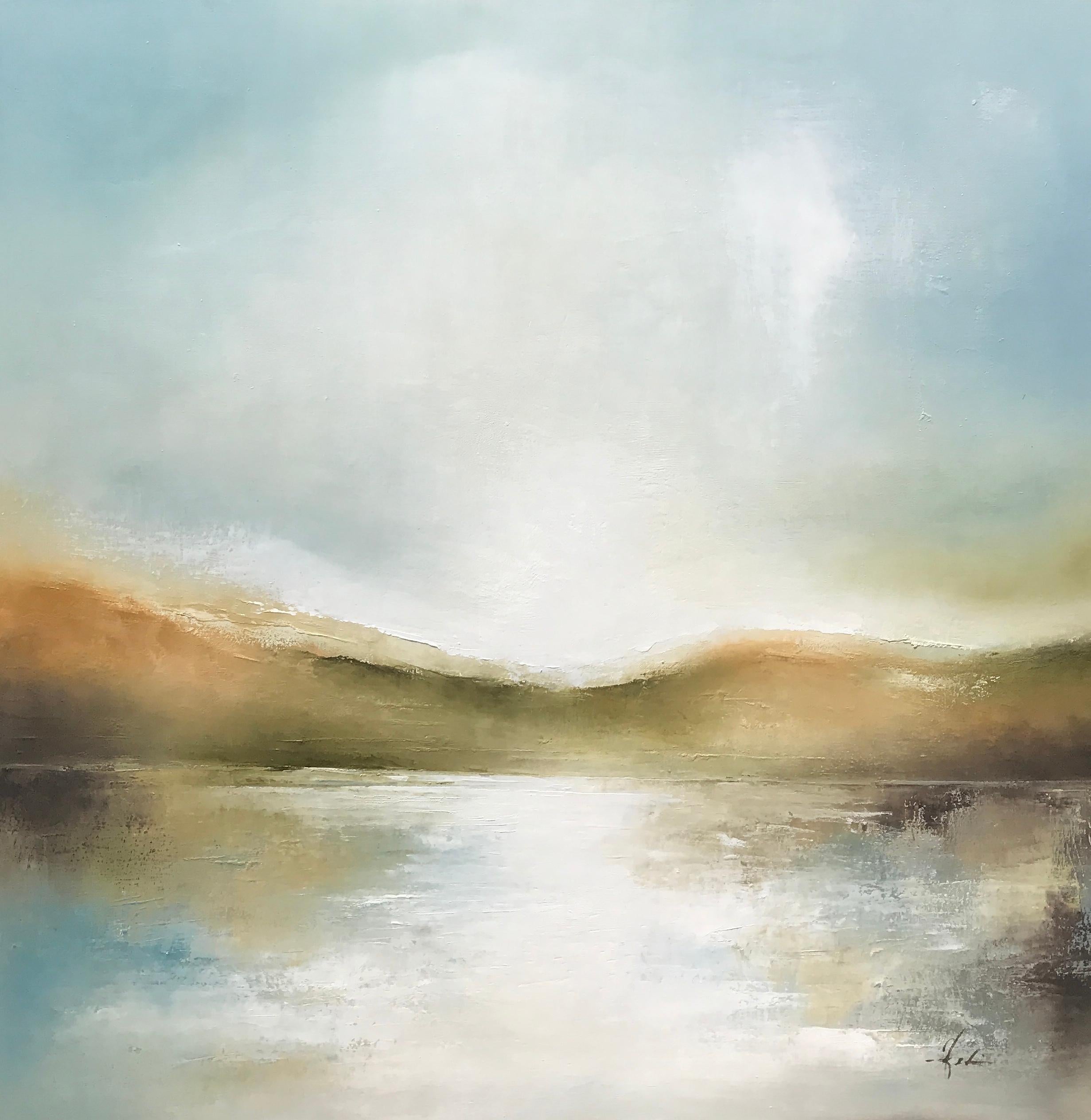 'Drifting in the Cove II' is a framed oil on canvas landscape painting created by America artist Heidi Kirschner in 2018. Featuring a soft palette mostly made of a variation of pale blue, brown and green tones accented with subtle touches of white,