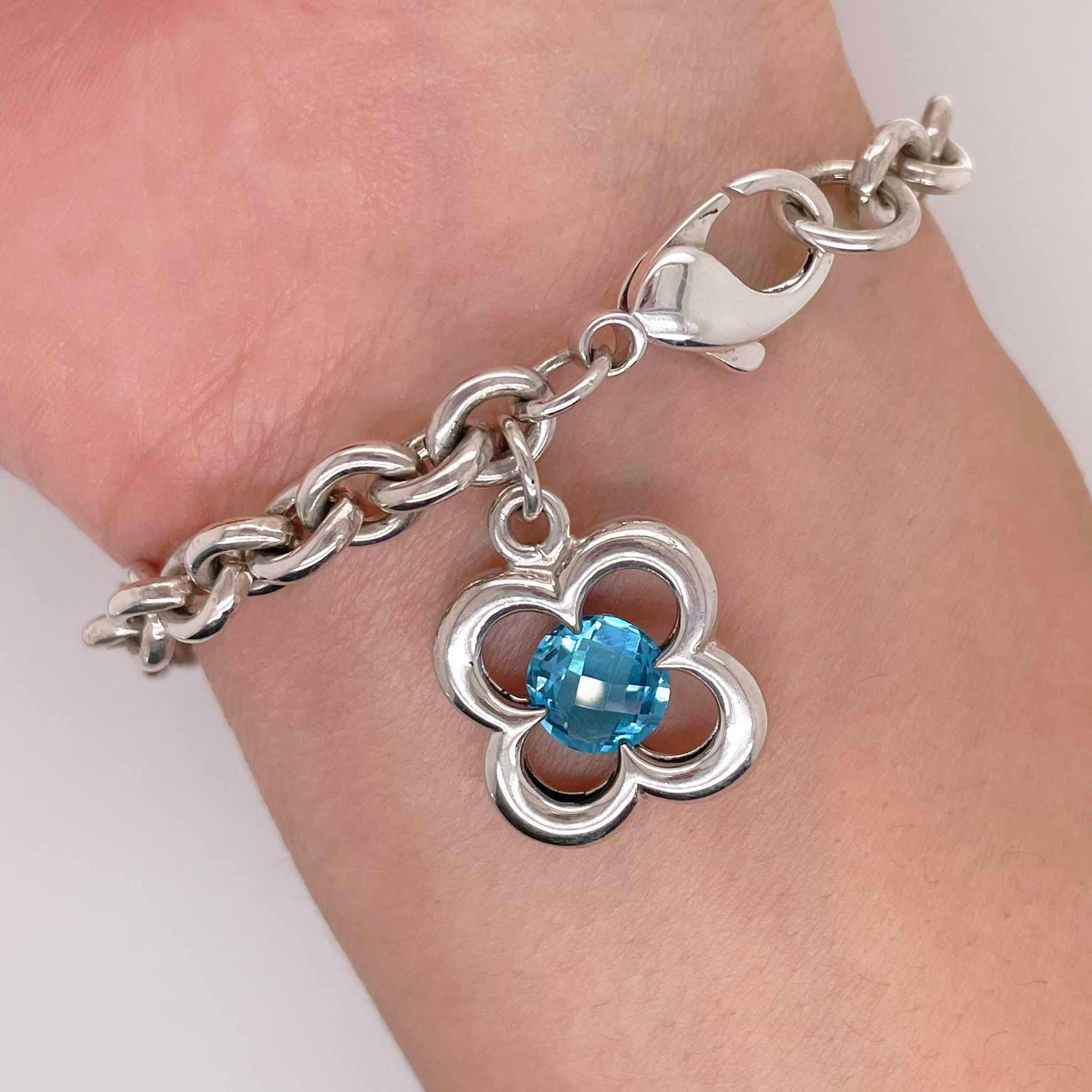 Contemporary Heidi Klum Authentic Blue Topaz Flower Charm Bracelet, Sterling Silver Rare