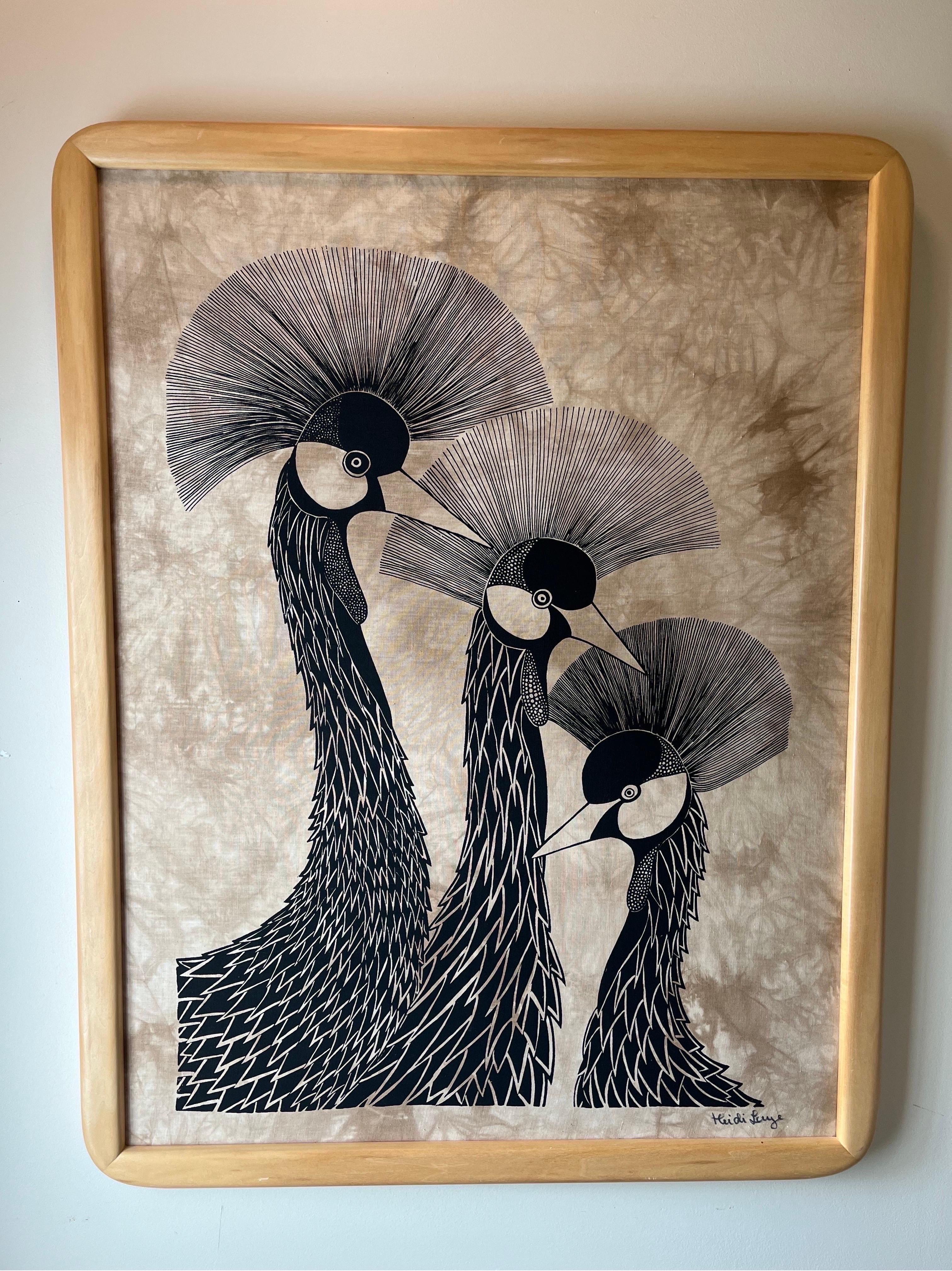 Beautiful Batik depicting  3 stylized preening Cranes by Swedish artist Heidi Lange. Great visual and contrast.
Curbside to NYC/Philly $350
