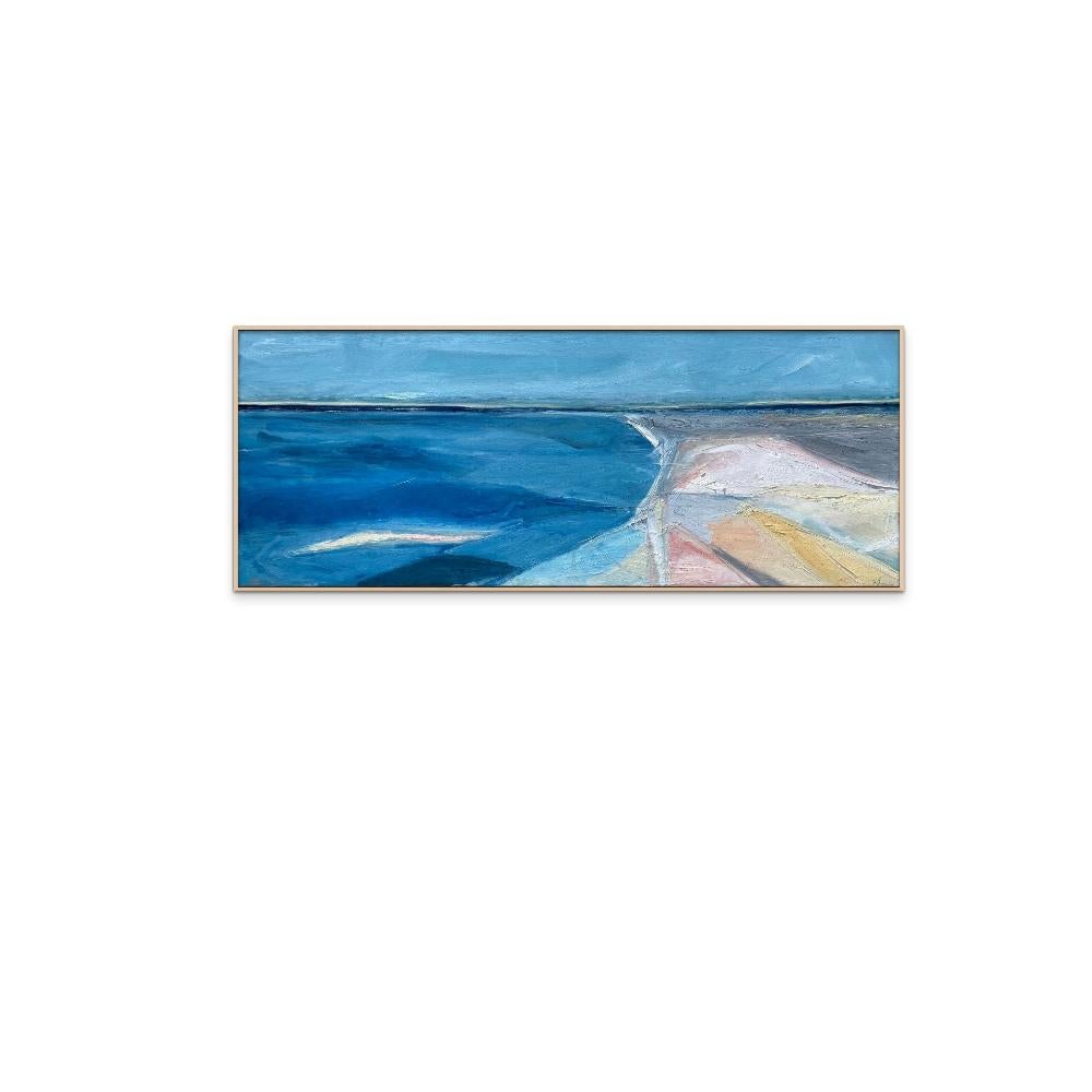 Paysage marin, grande peinture à l'huile sur toile en bleu - Painting de Heidi Lanino