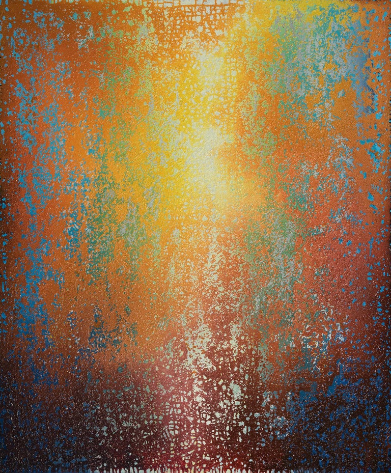 Heidi Thompson "A Glorious Awakening" is a 60 x 50 inch abstract painting on canvas. Unframed.
Rust, yellow, and blue colors create a very poetic abstraction of color and light, reminiscent of nature and natural phenomena. The center of the painting