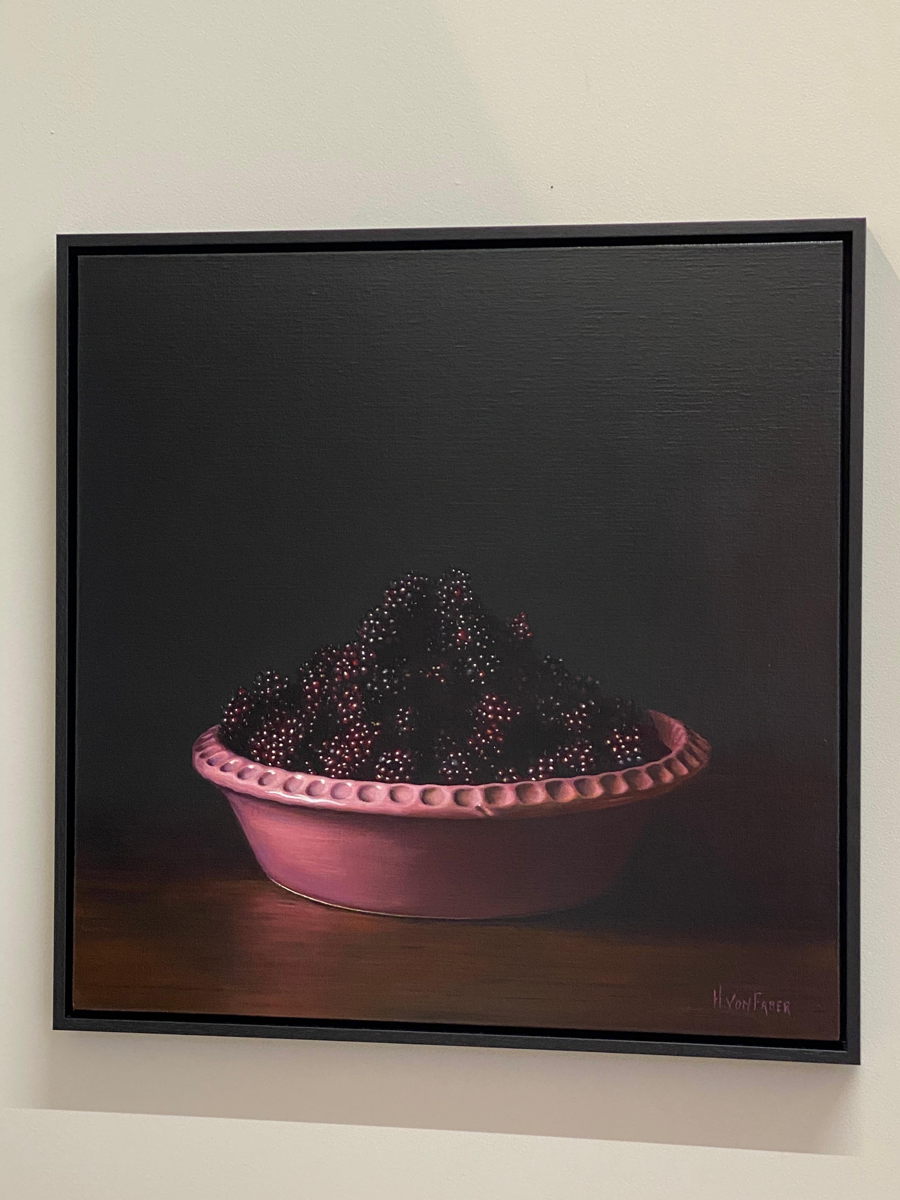 Blueberries in Pink Bowl- 21st Contemporary Dutch Realistic Still-life painting  - Black Figurative Painting by Heidi von Faber