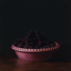 Blueberries in Pink Bowl- 21st Contemporary Dutch Realistic Still-life painting 