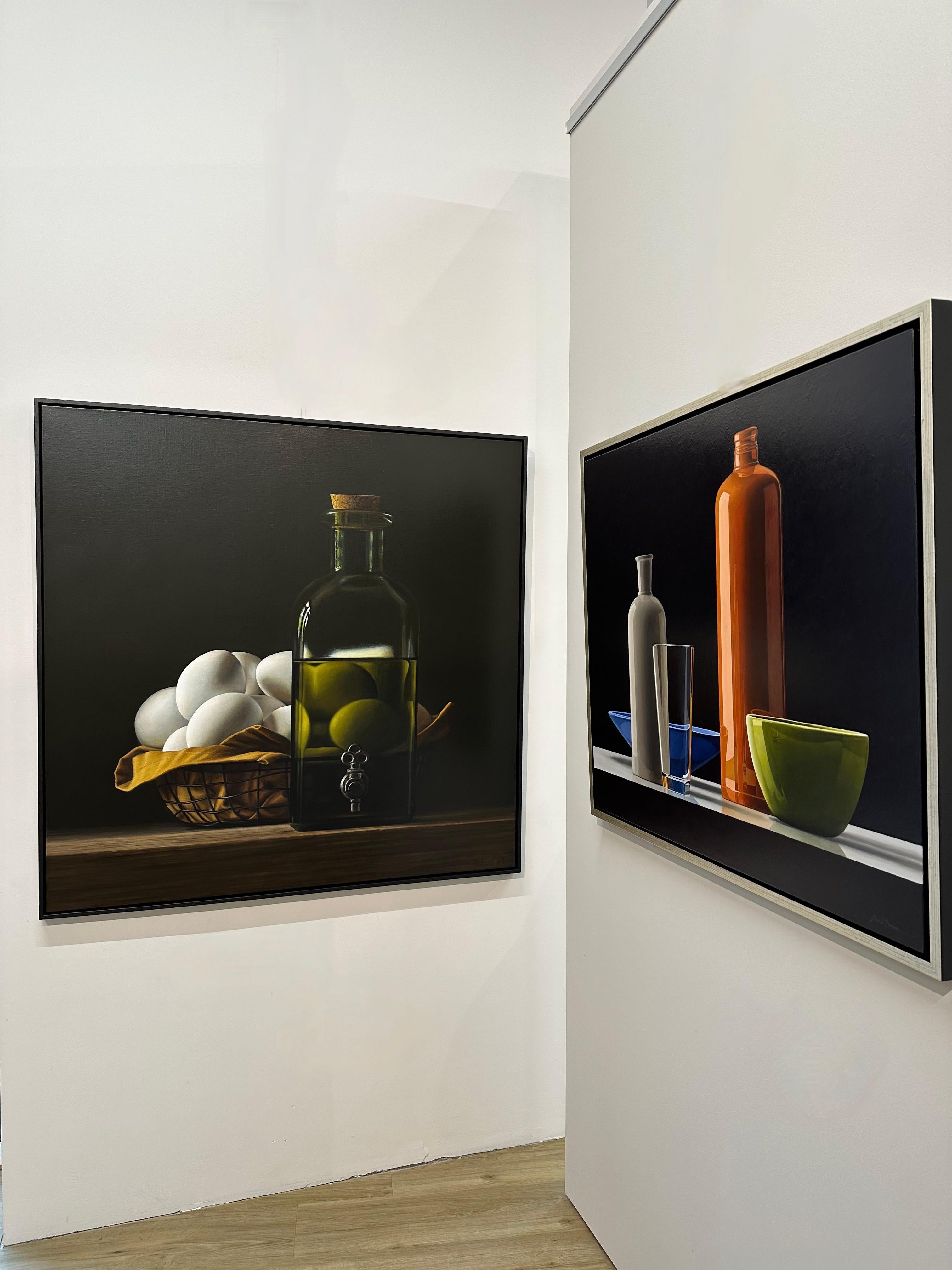 Bottle of Oil with Eggs- 21st Century Contemporary Still-life Painting with Eggs - Black Figurative Painting by Heidi von Faber