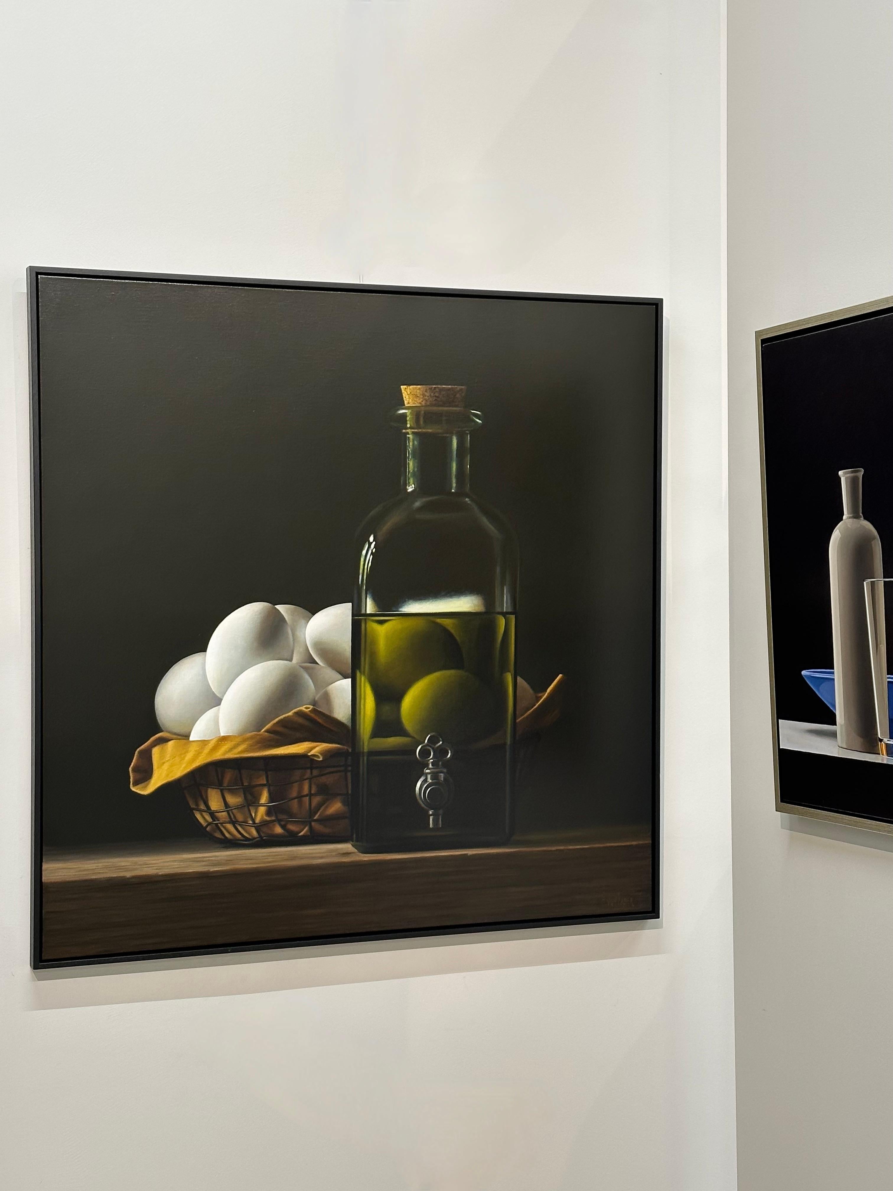 Bottle of Oil with Eggs- 21st Century Contemporary Still-life Painting with Eggs 1