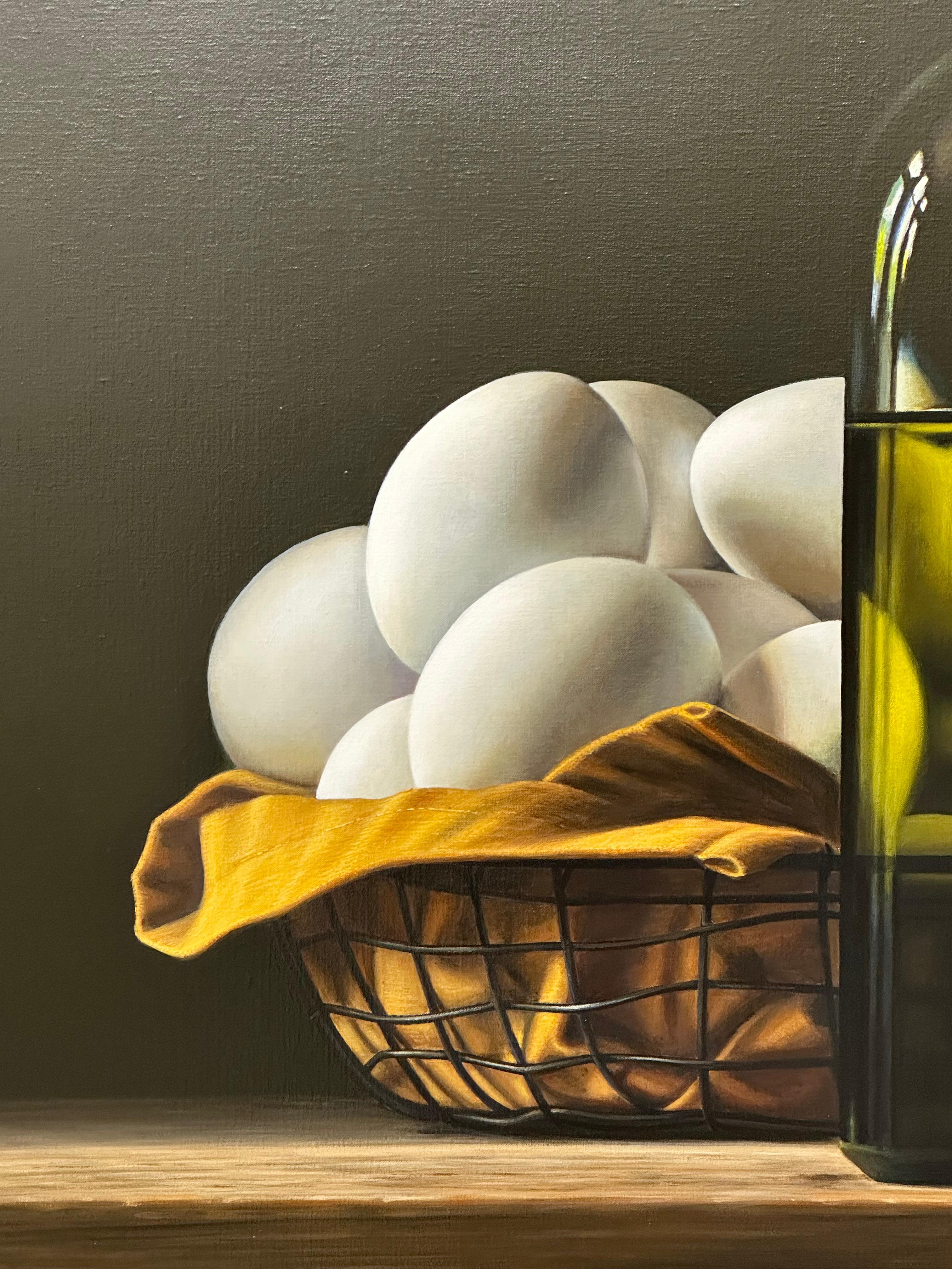 Bottle of Oil with Eggs- 21st Century Contemporary Still-life Painting with Eggs 2