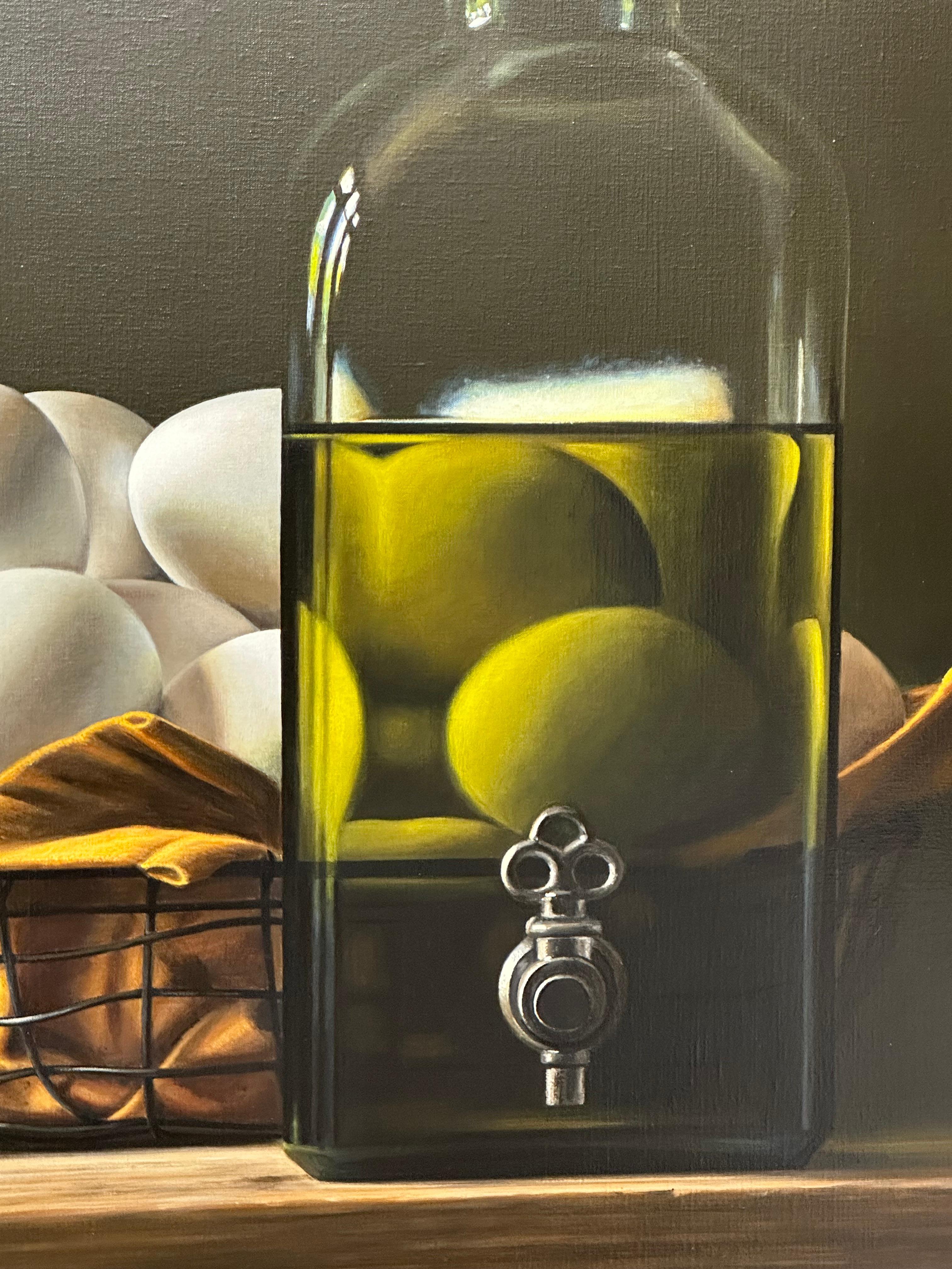 Bottle of Oil with Eggs- 21st Century Contemporary Still-life Painting with Eggs 3