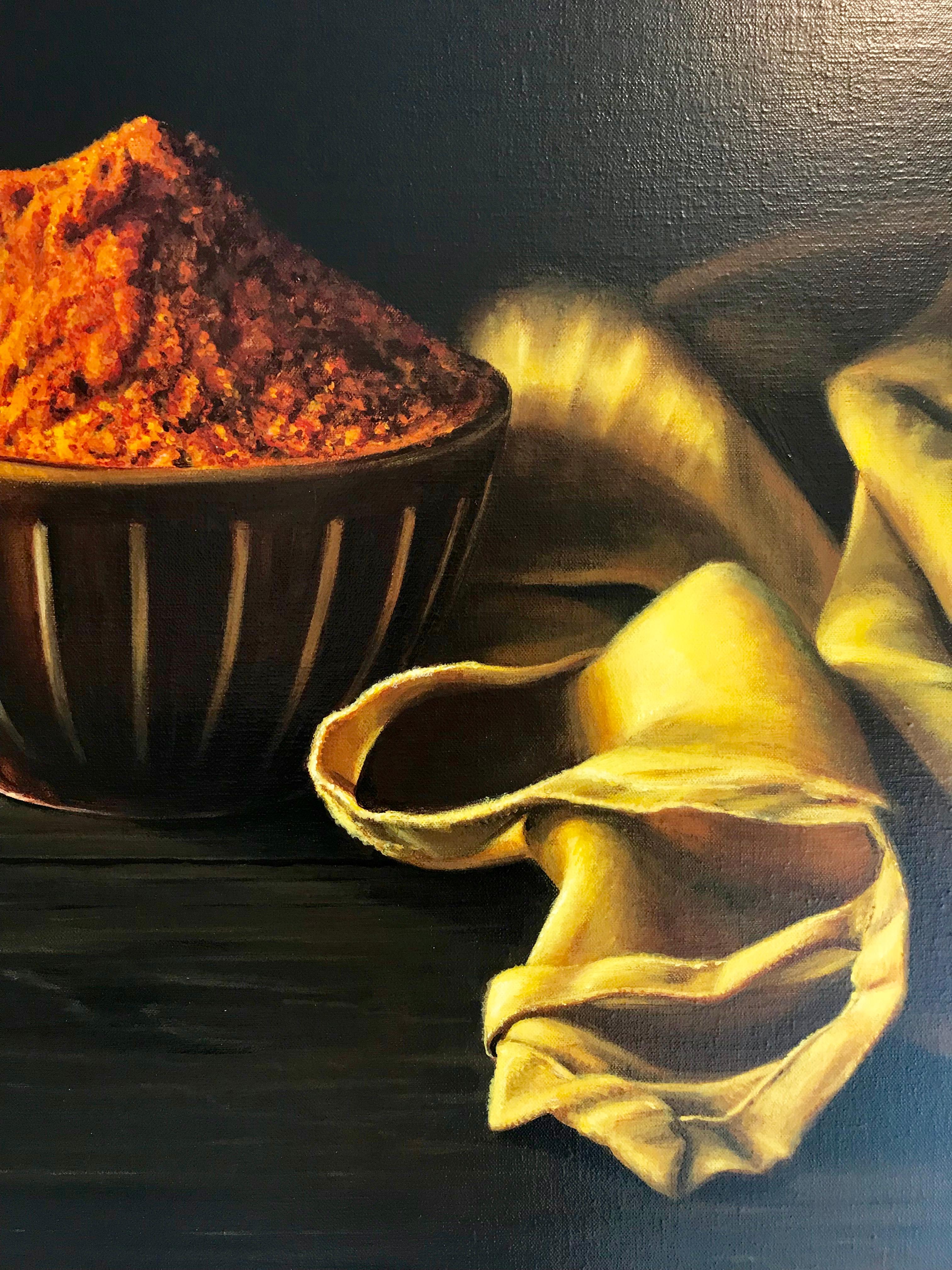 Heidi von Faber's original painting showcases a hyper-realistic interpretation of a contemporary still life, reminiscent of the precision and style seen in the works of early Dutch masters in this genre. Meticulous attention has been devoted to