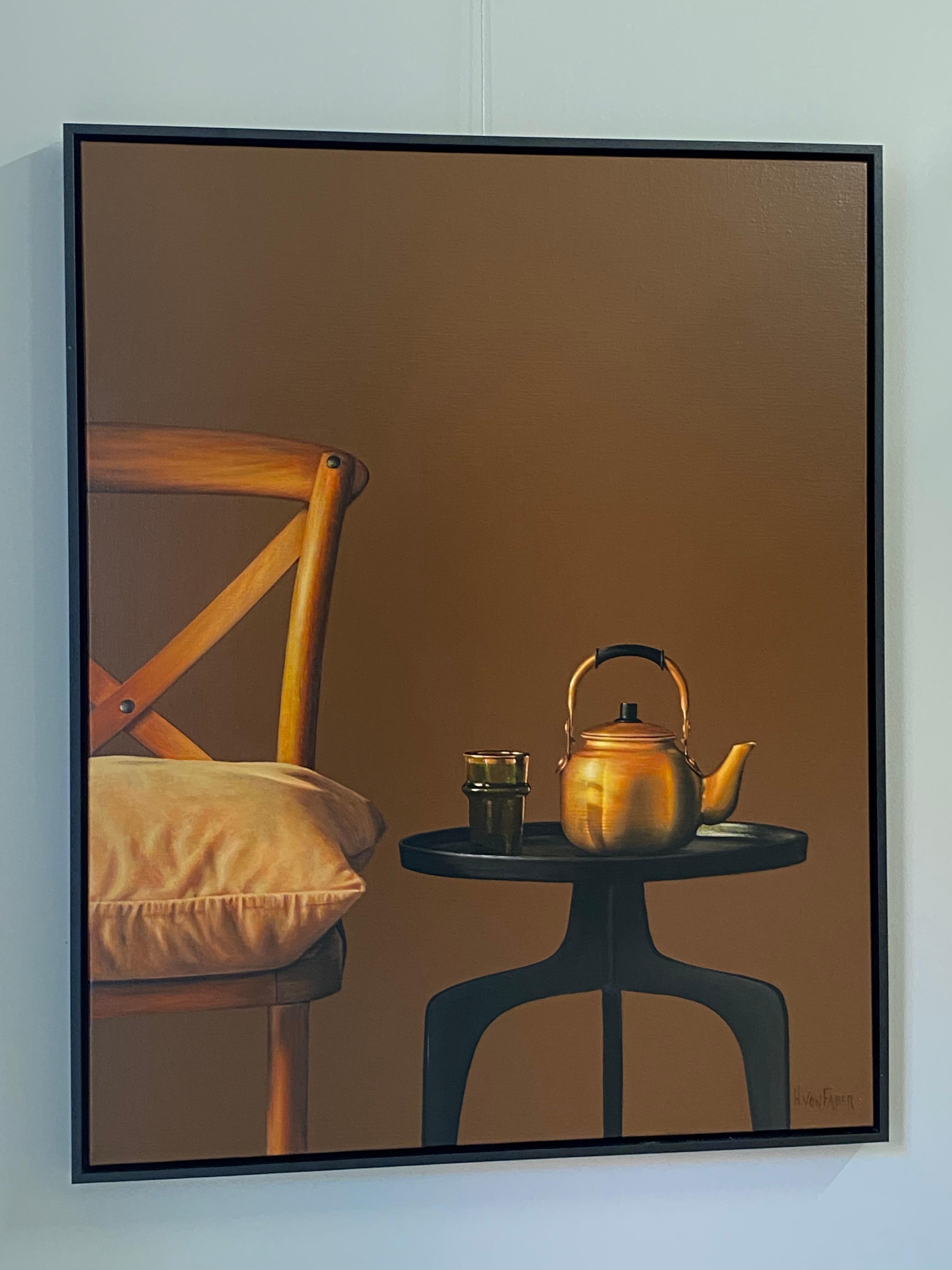 Chair with Golden Tea Pot-21st Contemporary Dutch Realistic Still-life painting  - Painting by Heidi von Faber